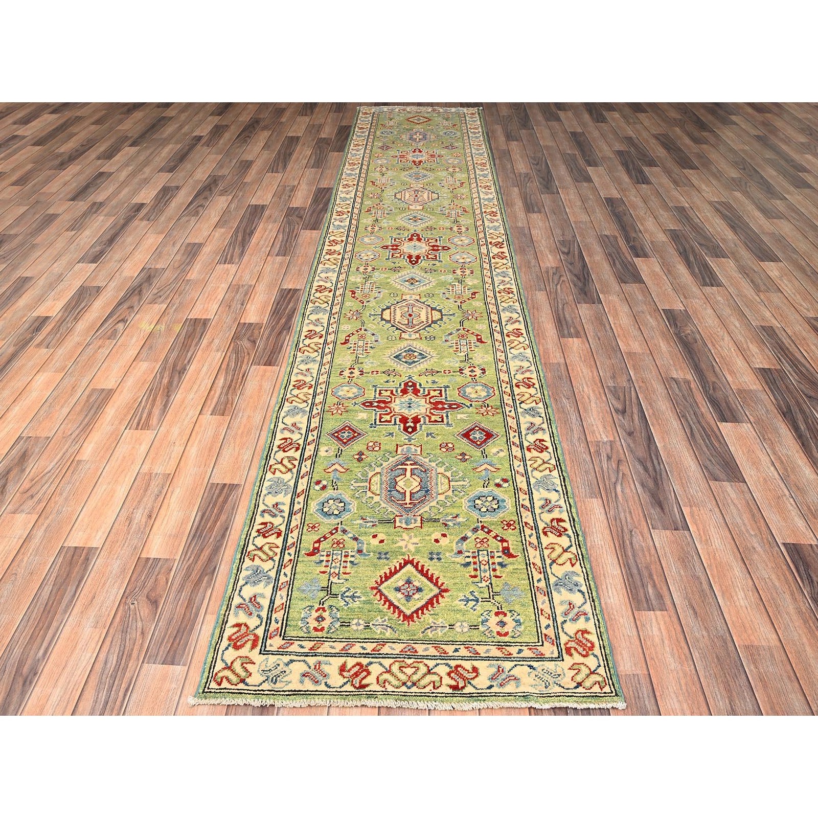 2’8″x12’7″ Green Kazak with Geometric Design Hand Knotted Rug Wool Runner 2028