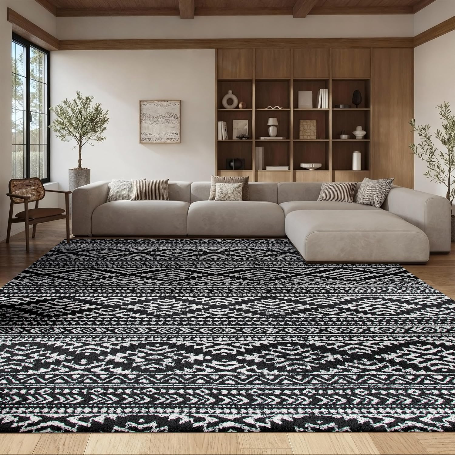Tulum 8×10 Area Rug – Black & Ivory Moroccan Boho Design, Easy Clean