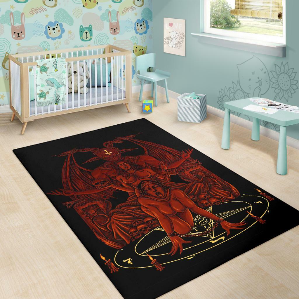 Skull Baphomet Serpent Satanic Pentagram Demon Inception Throne Area Rug Red