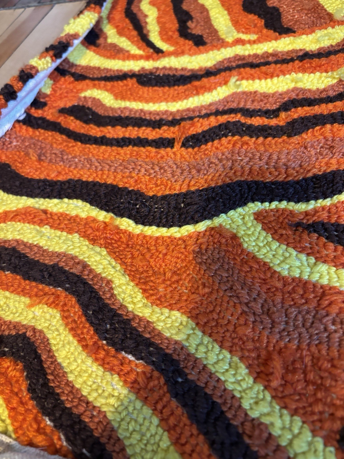 Handmade Woven Rug Groovy 70s 80s Retro Vintage Hippie Orange Yellow Brown Swirl