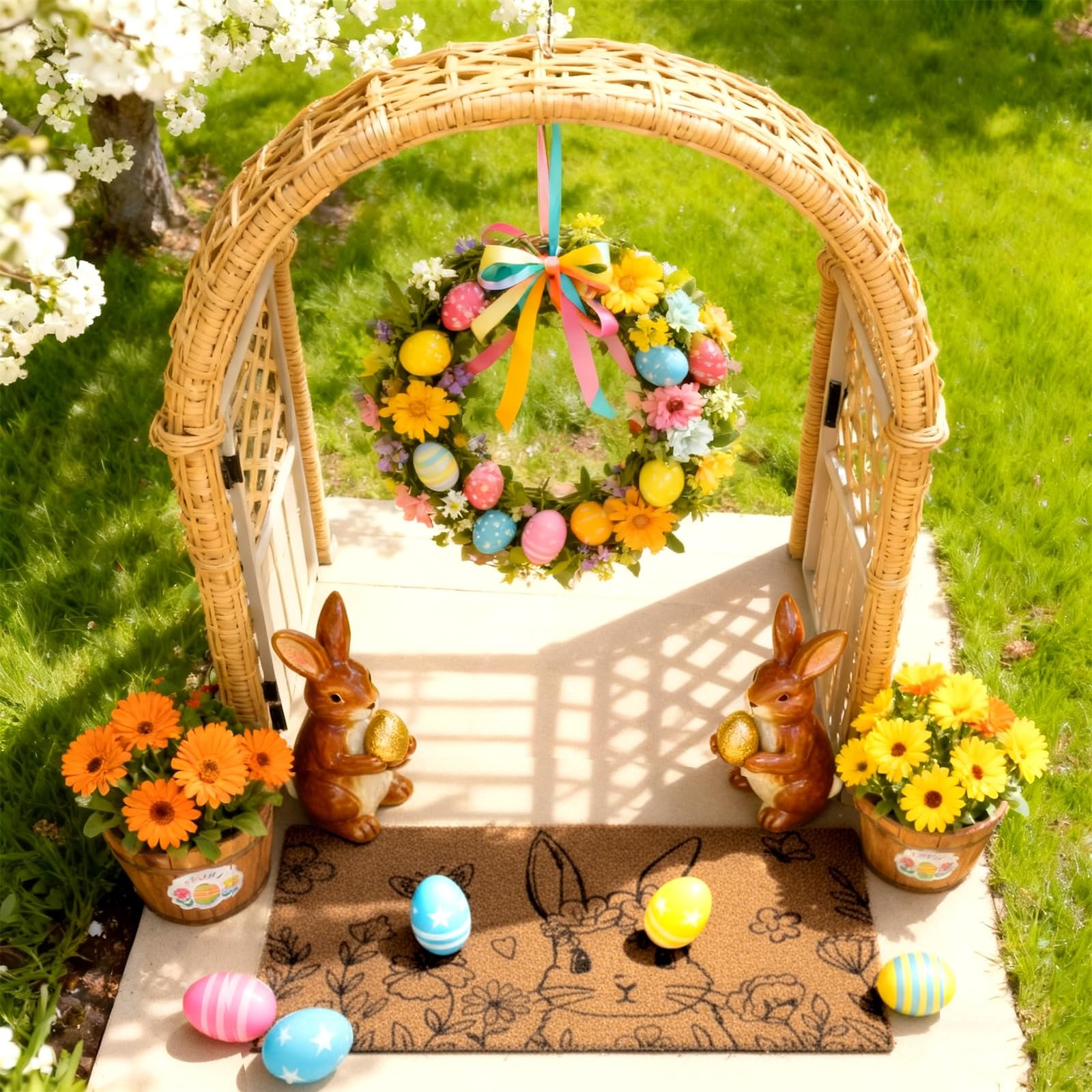 Easter Bunny Coir Doormat Outdoor Easter Welcome Door Mat Spring Floral Bunny…