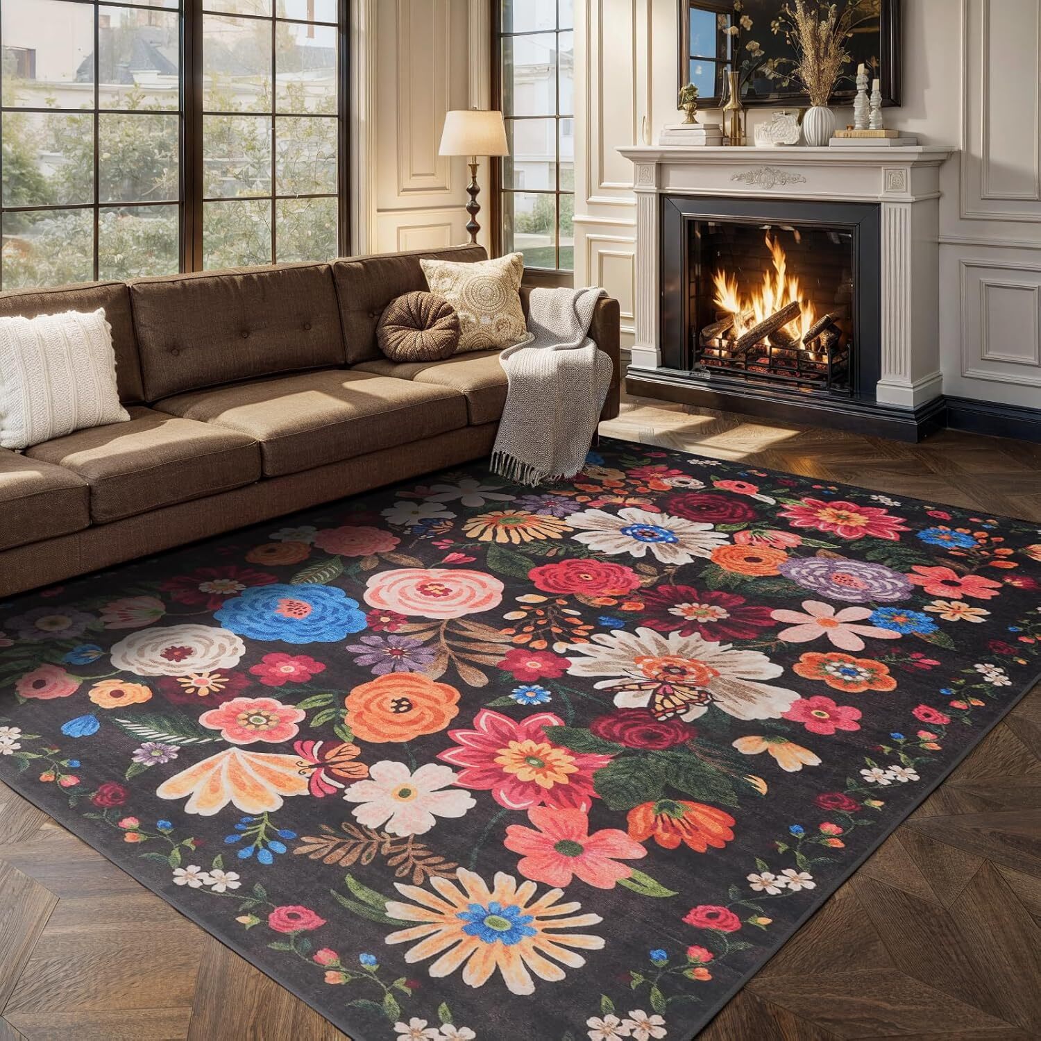 4×6 Washable Boho Floral Area Rug Non Slip Low Pile Green Carpet for Bedroom