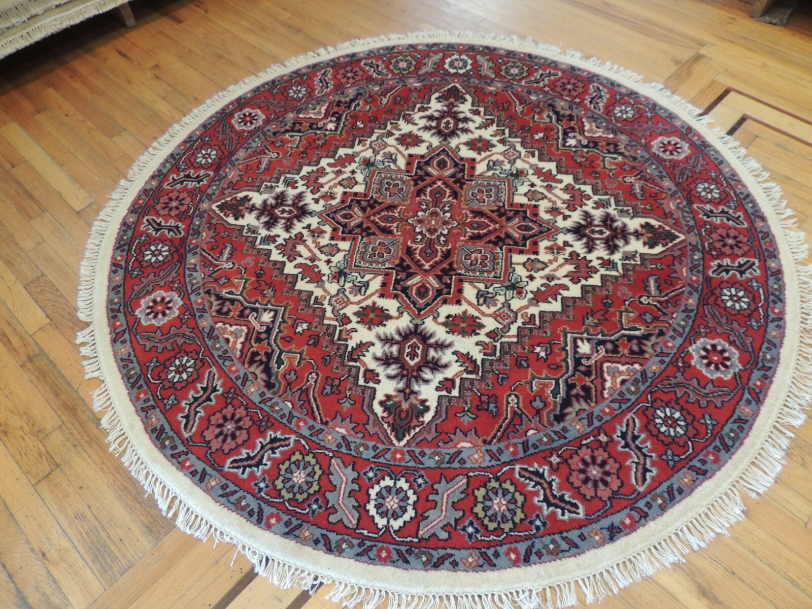 6×6 ROUND Herize Area Rug wool hand-knotted Red Ivory Gray/Blue Green