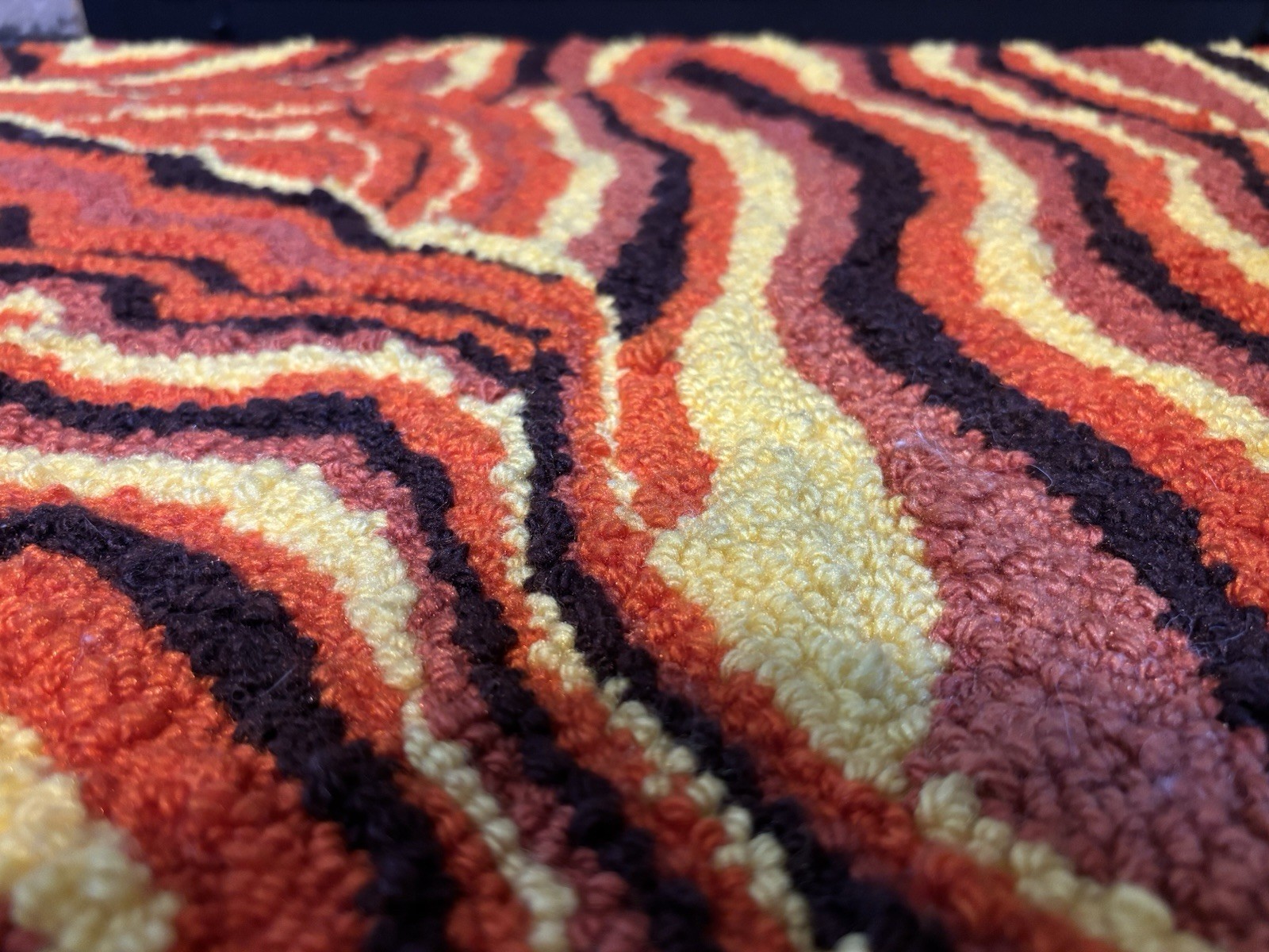 Handmade Woven Rug Groovy 70s 80s Retro Vintage Hippie Orange Yellow Brown Swirl
