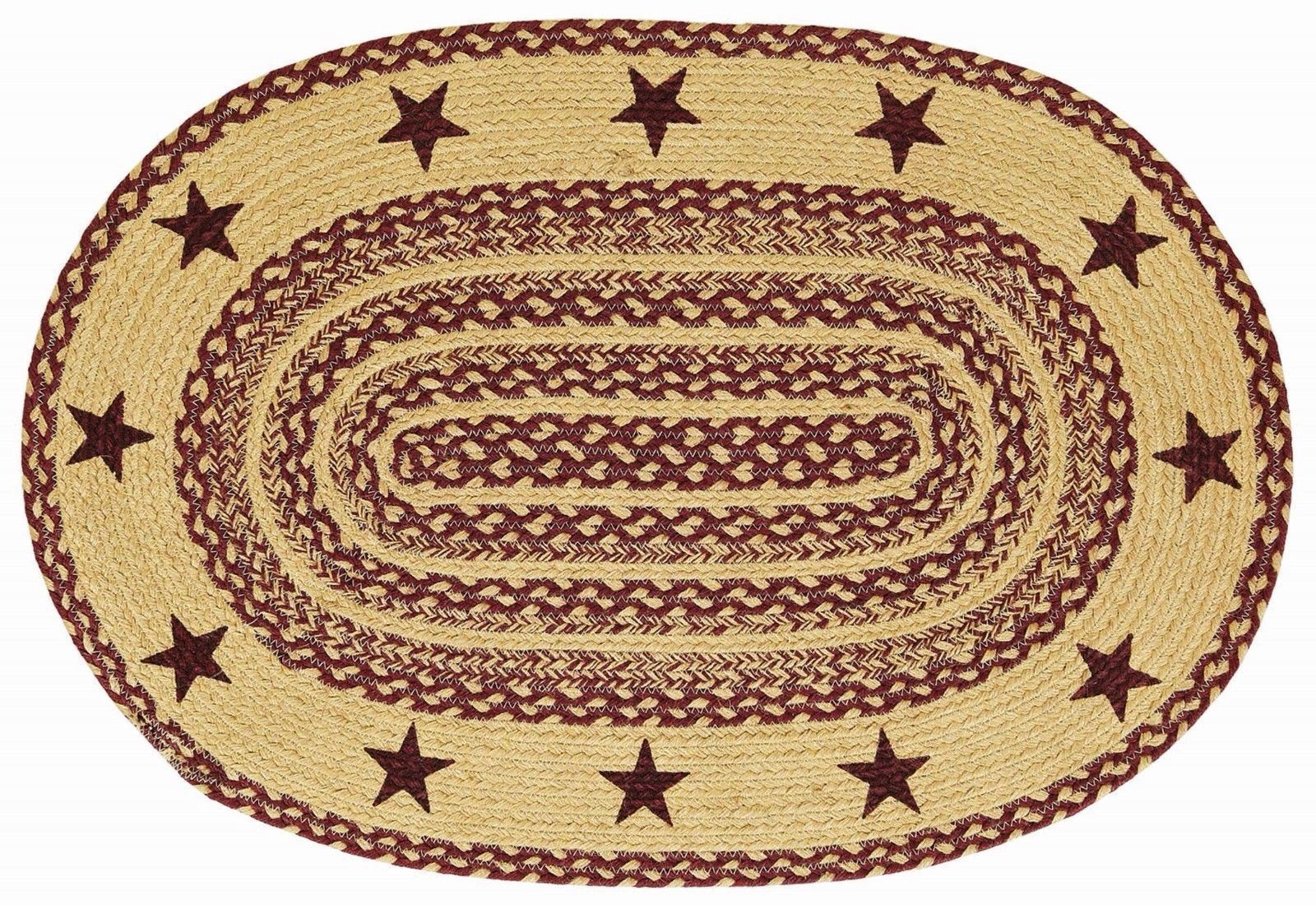 Eco-Friendly 2′ x 3′ Braided Jute Rug Country Farmhouse Burgundy & Tan w/ Stars