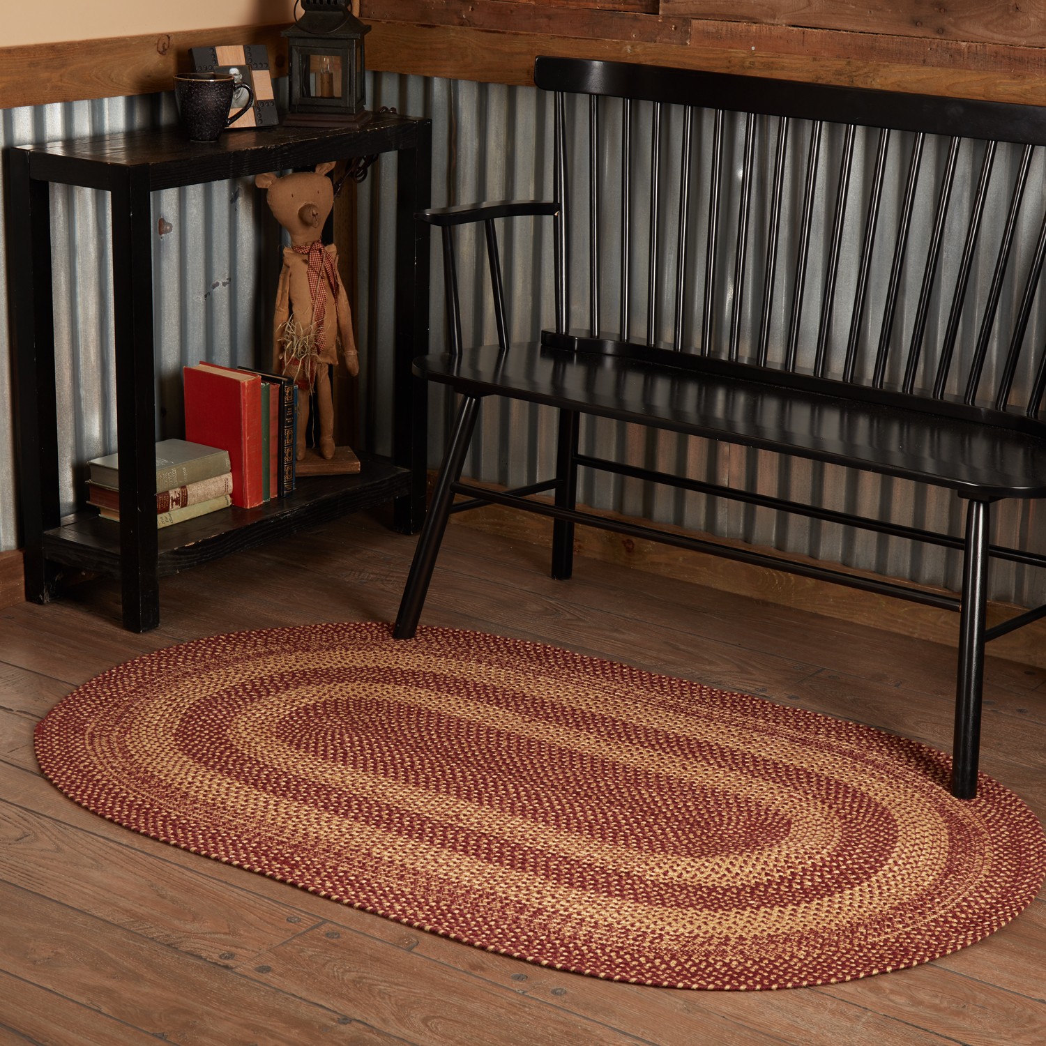 Accent Rug Burgundy Tan Jute Primitive 36×60 Oval Non-slip Pad Floor VHC Brands