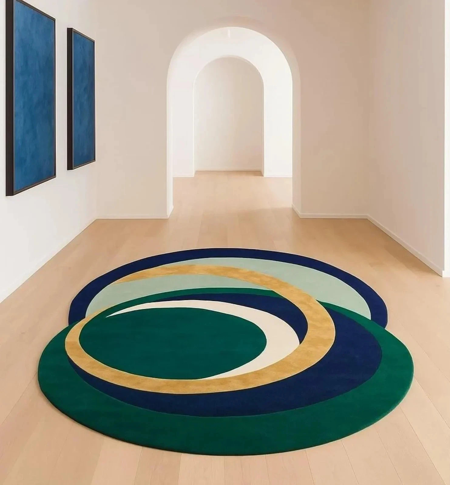 Hand Tufted Abstract Circle Rug Green Blue Yellow Modern Boho Style living room
