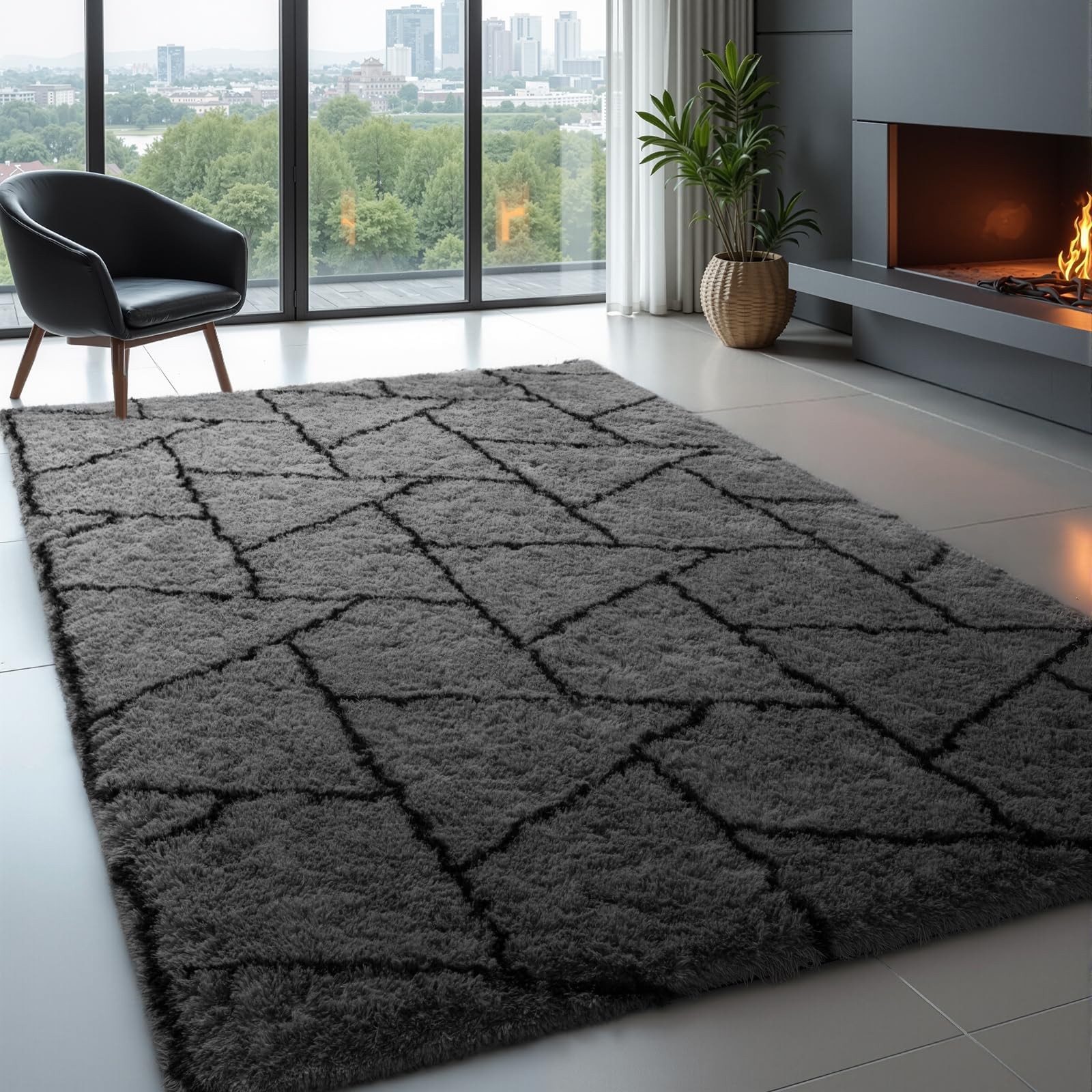 Zentavio 5×8 Area Rug Grey Fluffy Shag Carpet for Living Room Bedroom Dorm