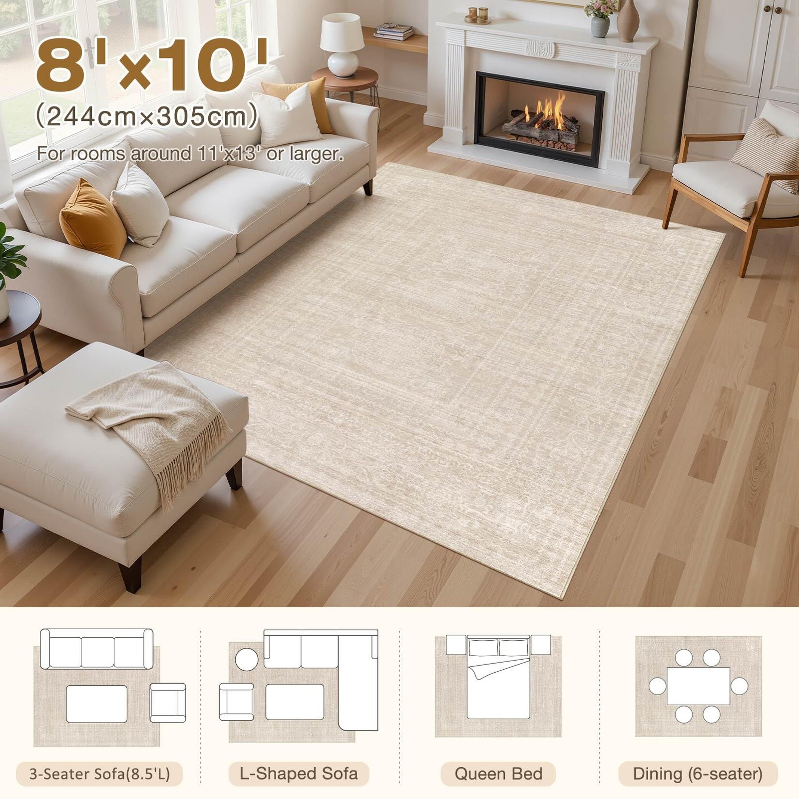 Area Rug 8×10 Washable Soft Non-Slip Vintage Beige – Stain Resistant Indoor