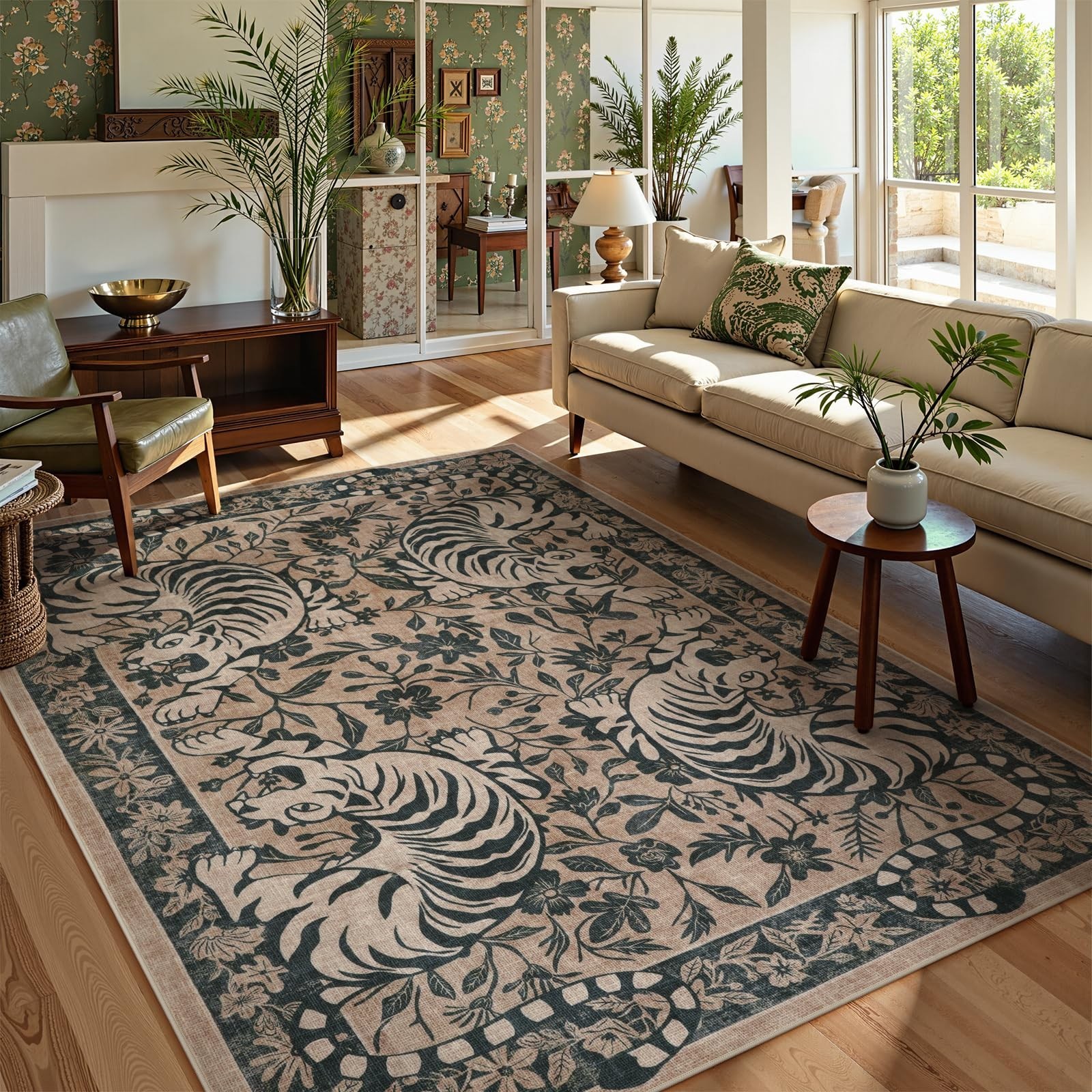 LIVEBOX Tiger Washable Area Rug 8×10, Boho Rugs Living Room Non-Slip Jungle