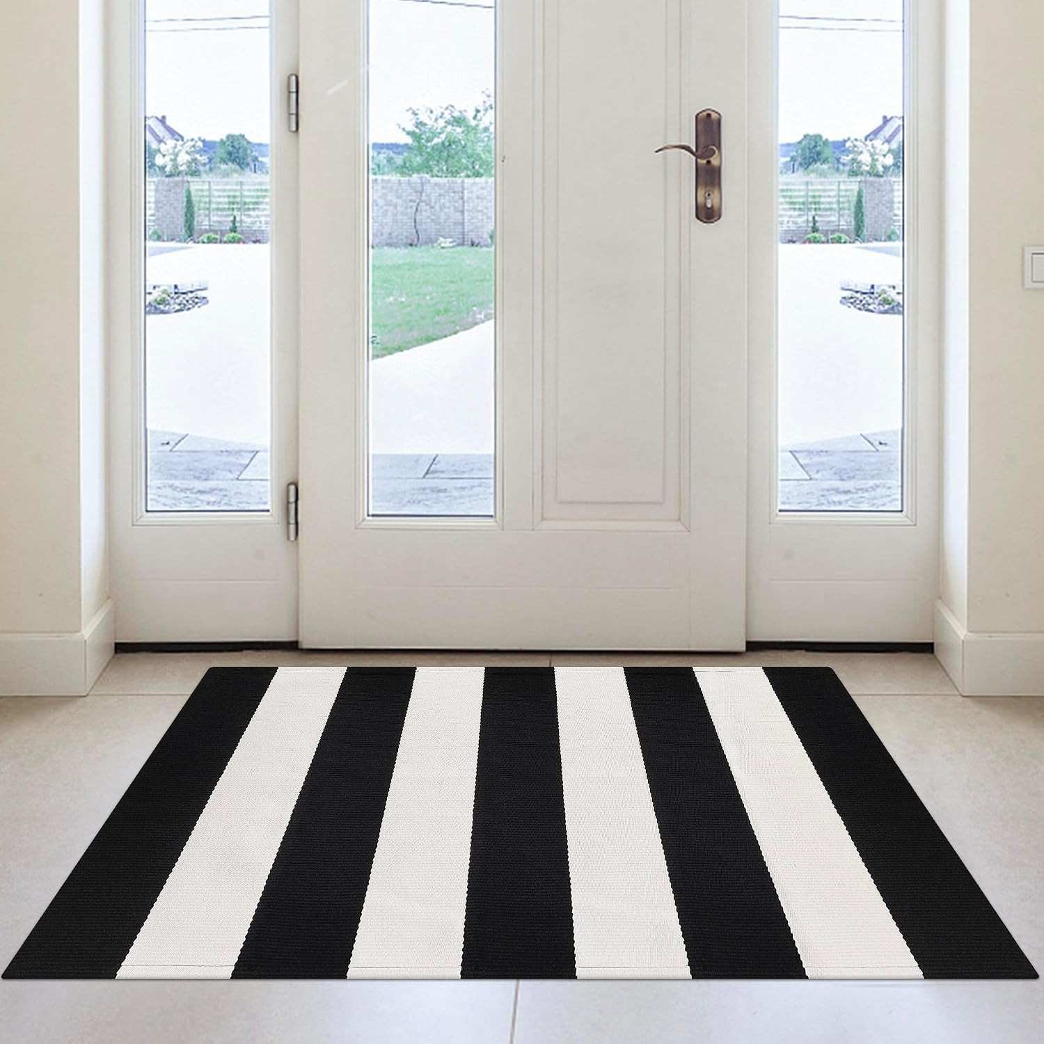 Black White Striped Outdoor Rug 2’x3′ Porch Door Mat Decor Carpet | Striped Cott