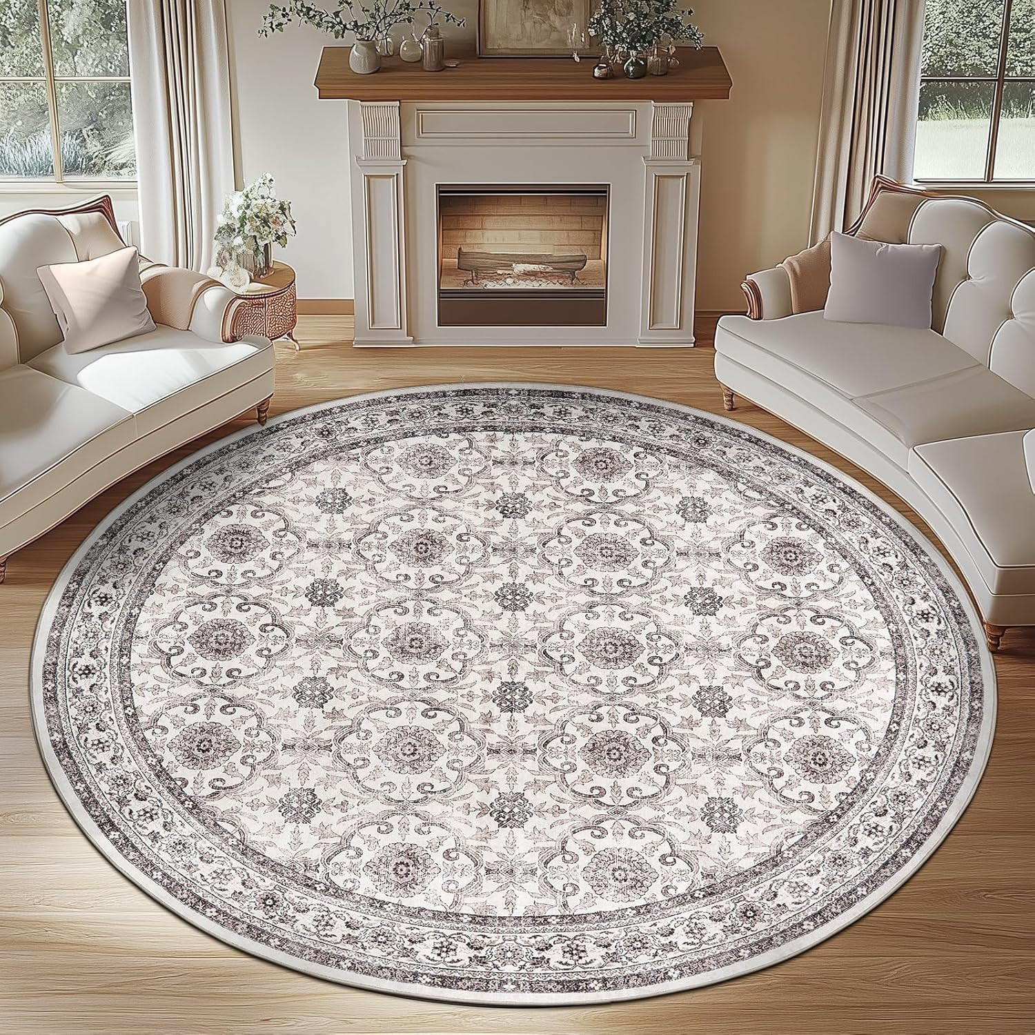 Beige Floral Round Rug 7ft Washable Non-Slip Carpet for Home Décor