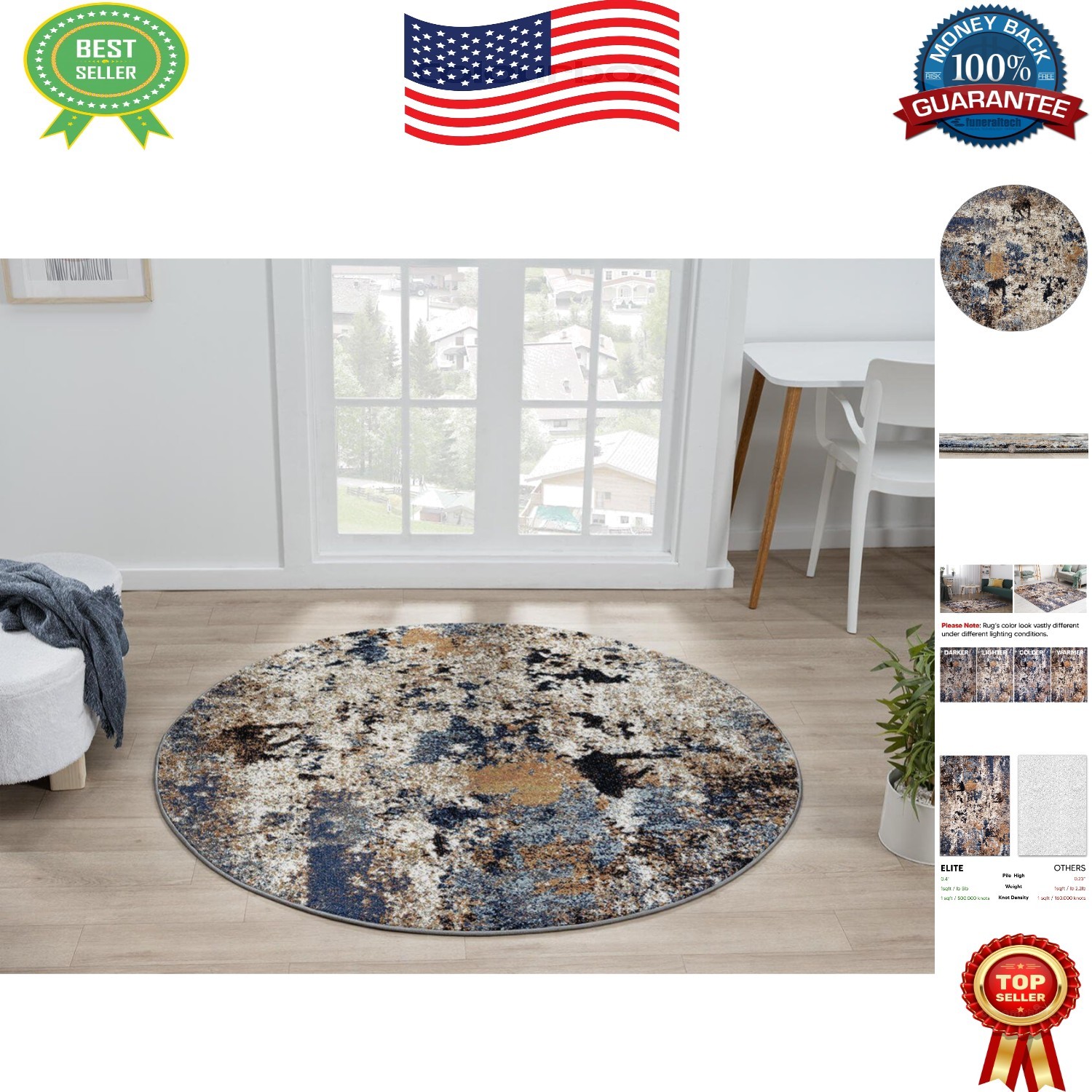 Elegance with 63″ Round Thick Pile Abstract Rug – Stain Resistant & Stylish