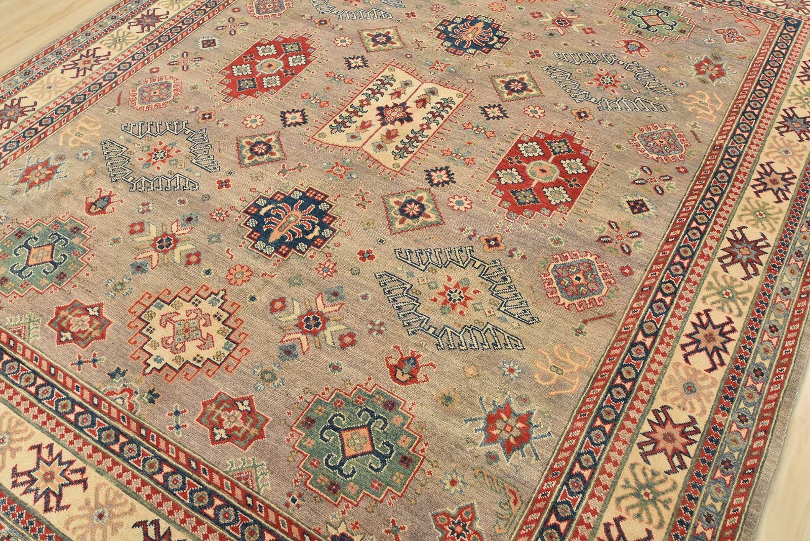 Kazak Rug 8’1” x 10’2” Gray Wool Tribal Geometric Hand-Knotted Oriental Carpet