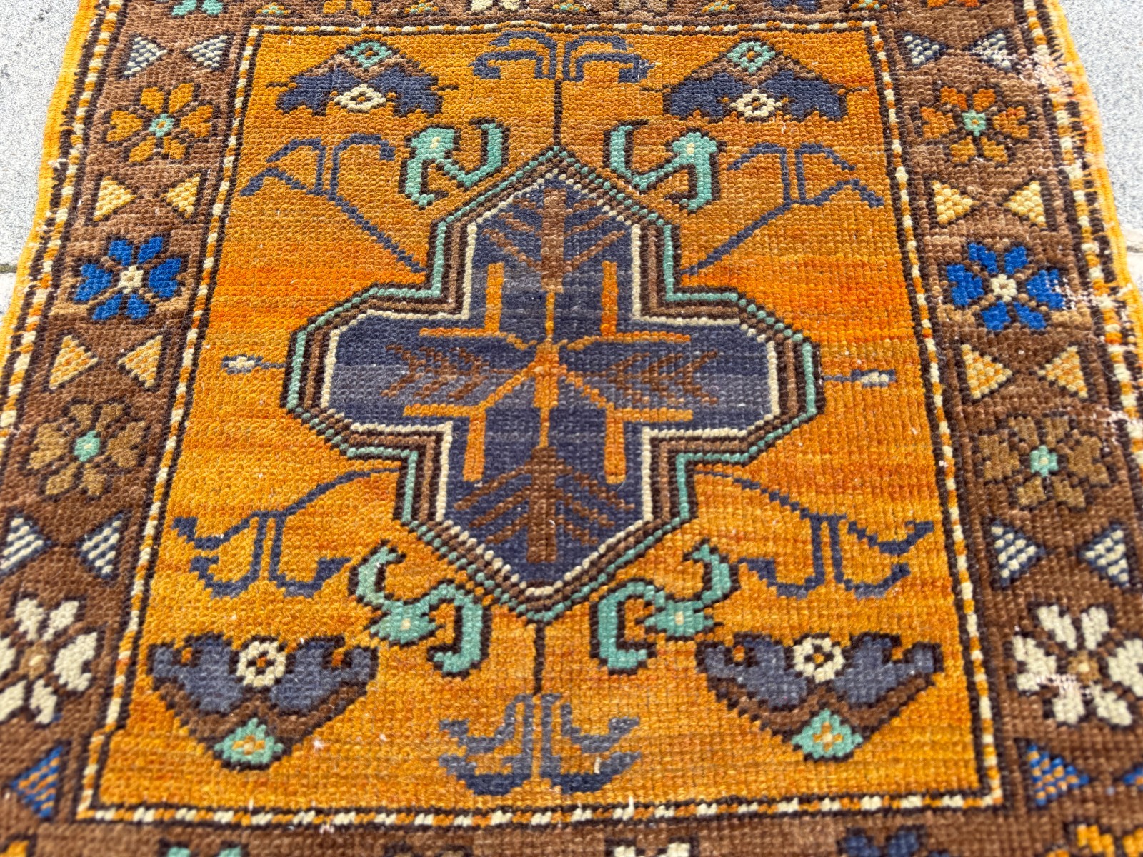 1.9×1.9 ft Vintage Turkish Oushak Square Rug Mustard Yellow Boho Accent Mat