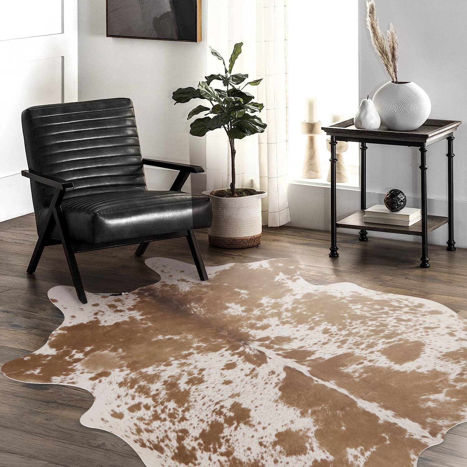 Faux Cow Hide Rug 4.6×5.2 Ft Brown Cowhide Carpet Western Living Room Decor