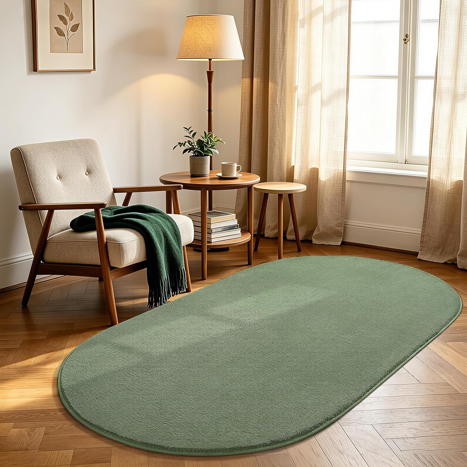 Soft Oval Bedroom Rug 2.6 X 5.3, Sage Green Non-Slip Washable Carpet | Thickened