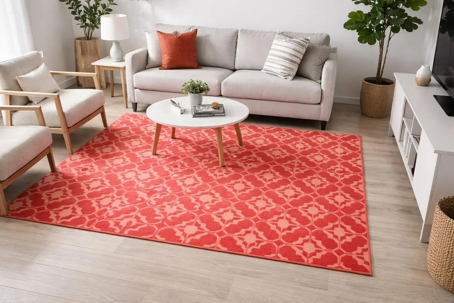 “Hand Tufted Red Coral Rug Geometric Trellis Pattern Modern Area Carpet