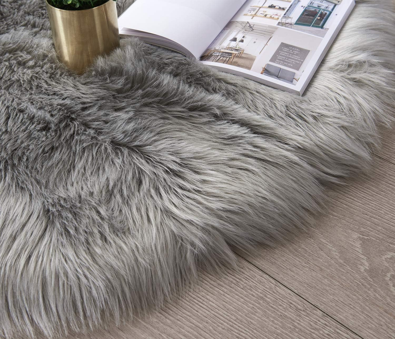Faux Fur Area Rug 2×4 Ft Grey Fluffy Plush Chair Cover Soft Furry Carpet