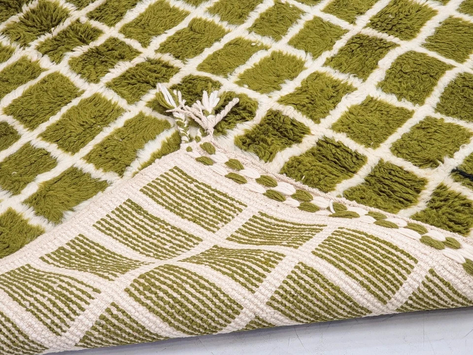 Moroccan Handmade Rug Berber Grid Green & White 100% Wool Carpet Rugs