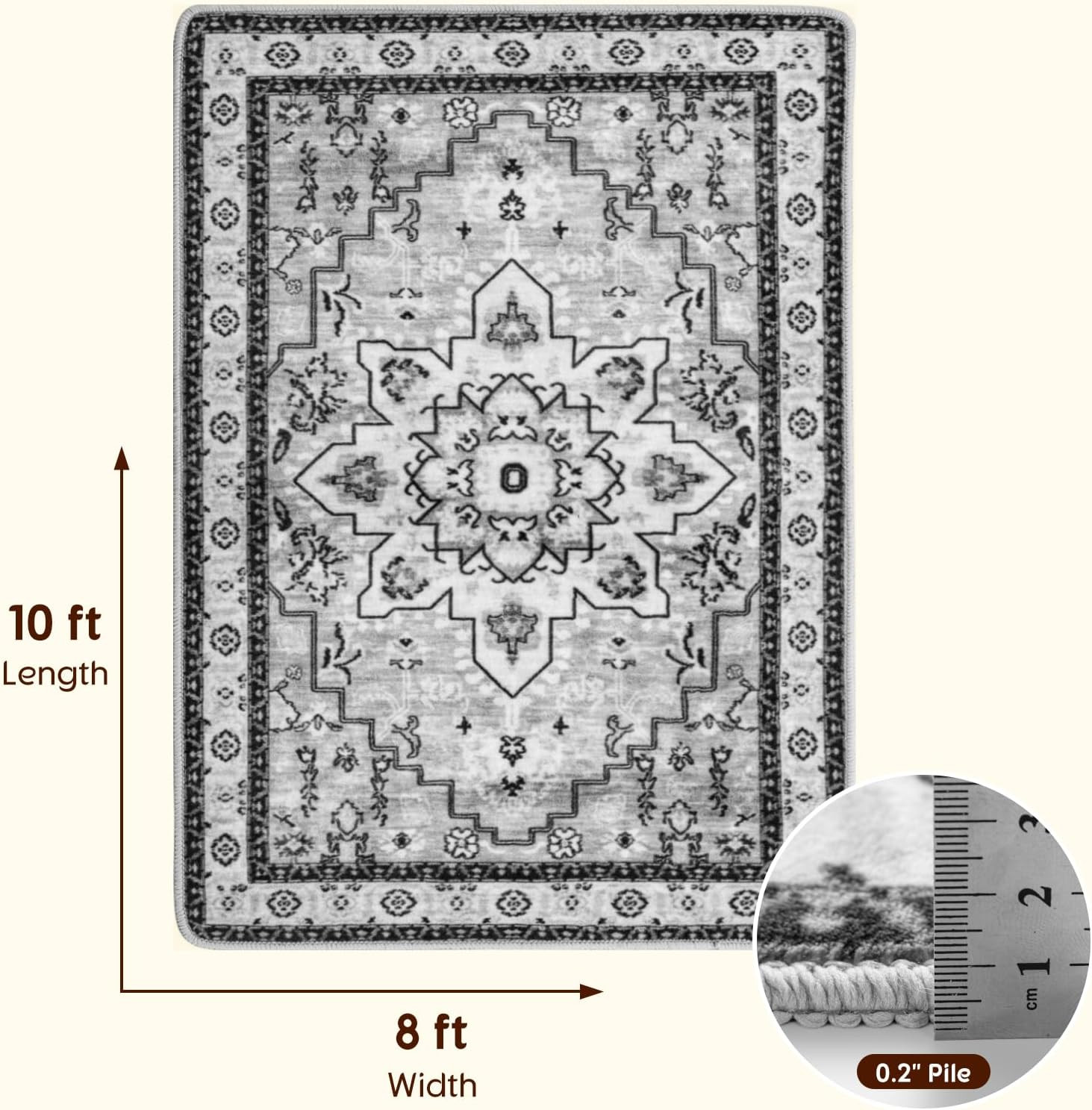 Boho 8×10 Washable Area Rug – Soft, Non-Slip, Pet Friendly, Stain Resistant Gray