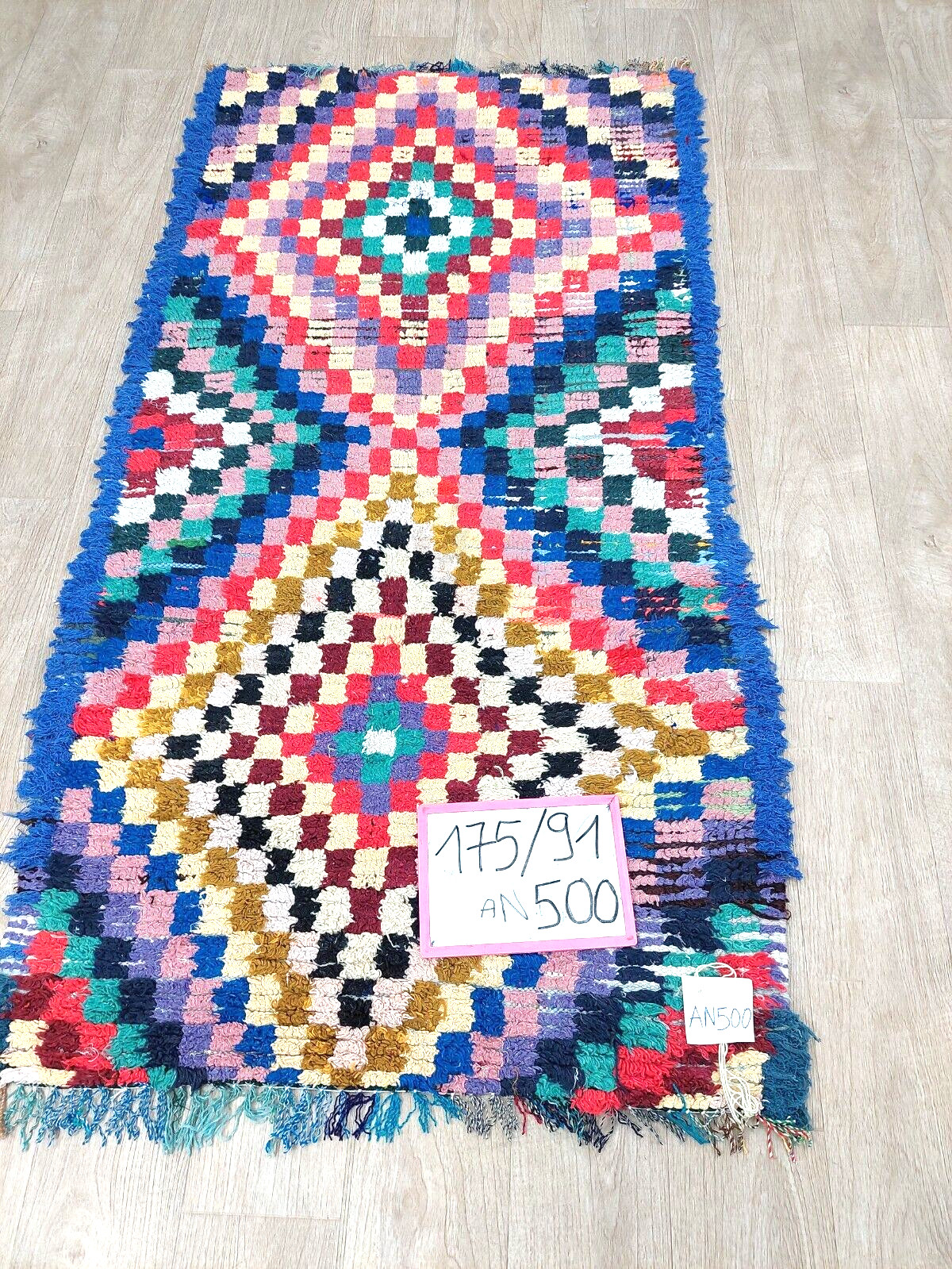 Vintage Moroccan Berber Area Rug 3×5 Colorful Blue Geometric Tribal Runner Rugs