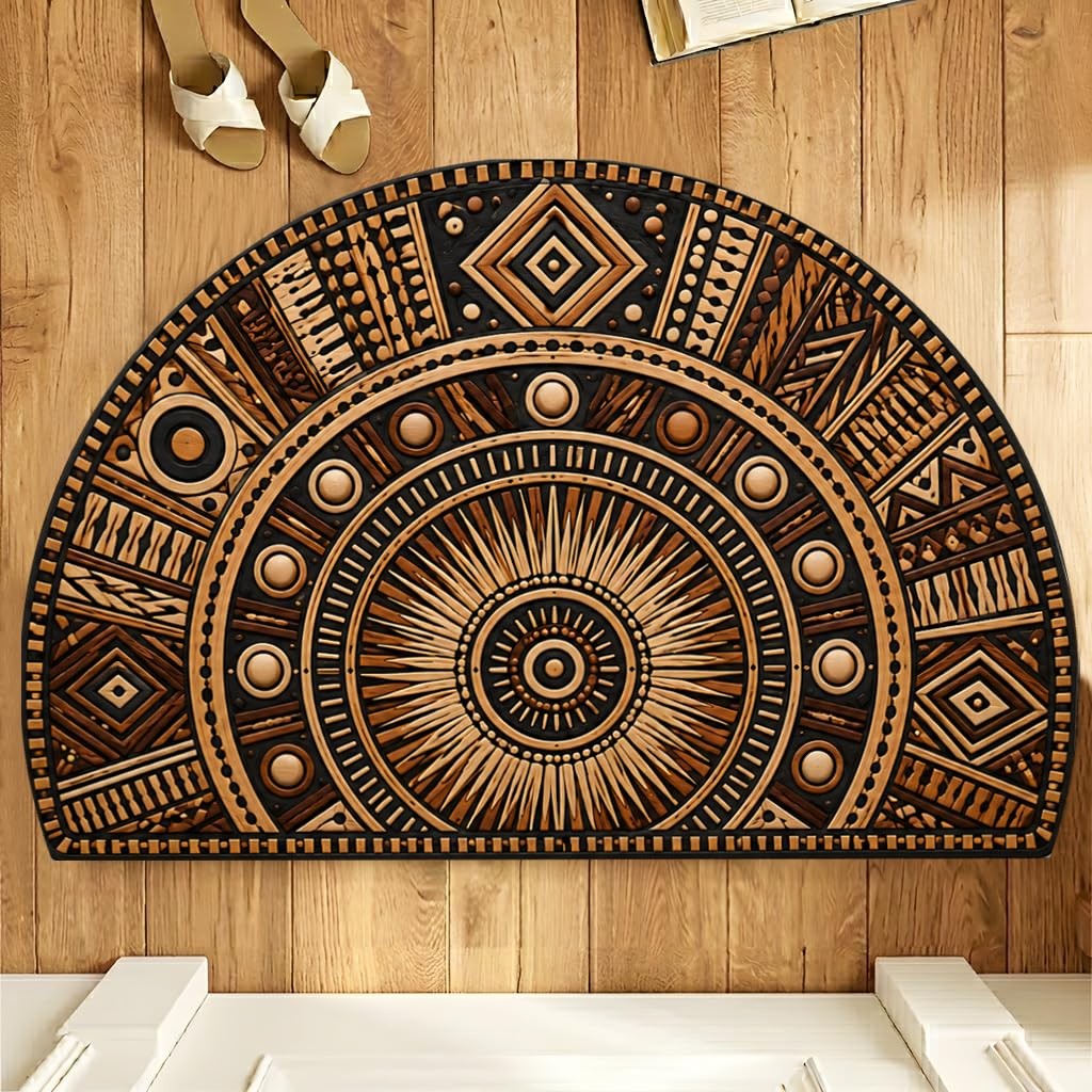 Boho Tribal Half Round Door Mat 35.4 x 23.6 Inch, Vintage Geometric Sunburst …
