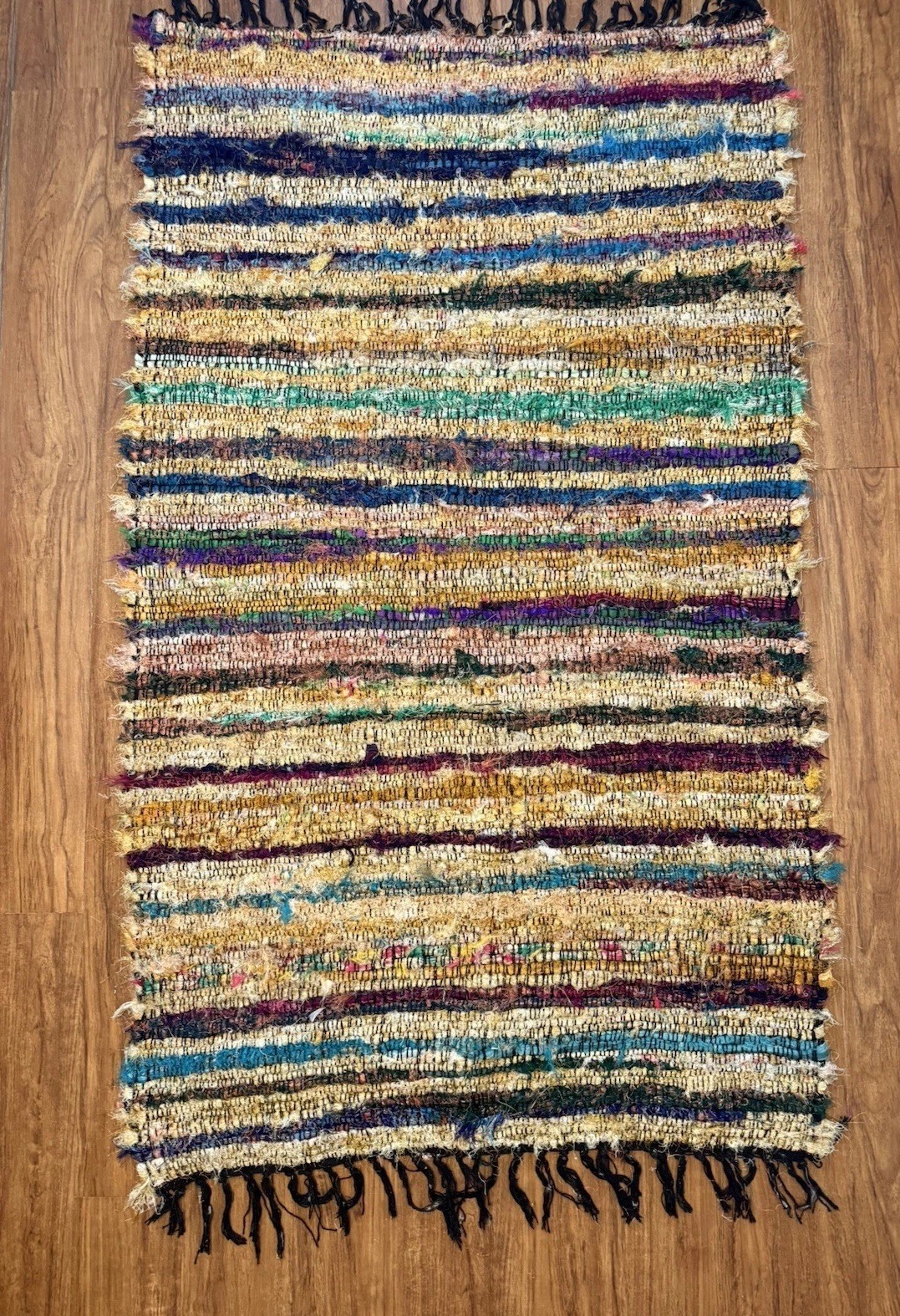 Vintage Handwoven Chindi Bohemian Rug 3×5 Multi w Metallic Yarn Accents Tassel 1