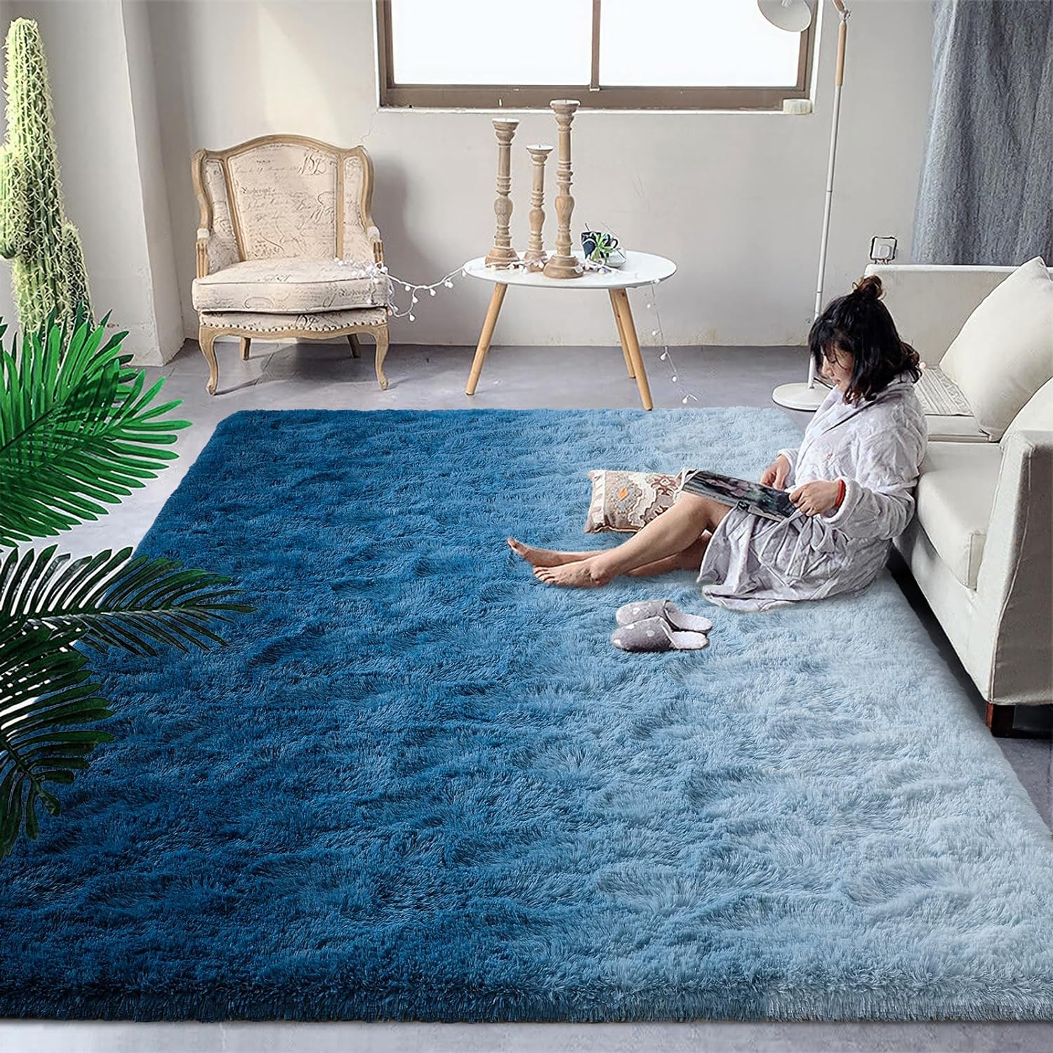 Luxury Fluffy Kids Rugs for Living Room Bedroom, 4X6 Feet Shaggy Gradient Navy B