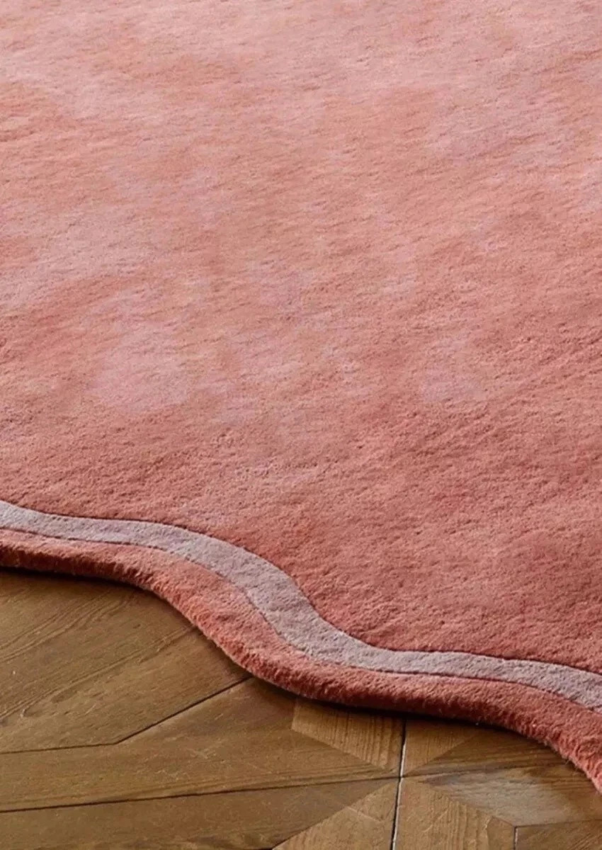 Coral Hand Tufted Area Rug 8×10 Scalloped Edge Modern Wavy Border Soft Carpet