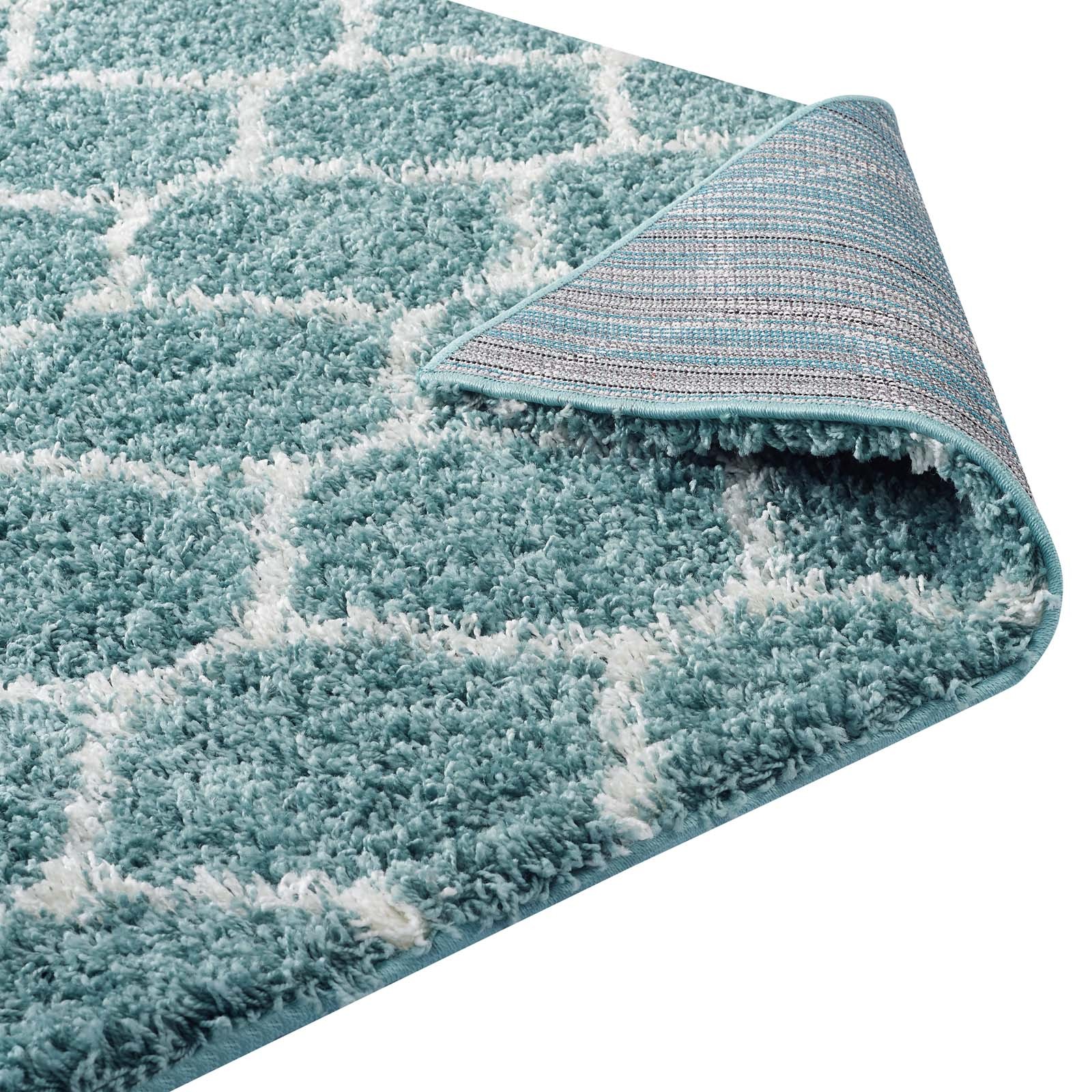 Modway Solvea Moroccan Trellis 5×8 Shag Area Rug in Aqua Blue and Ivory