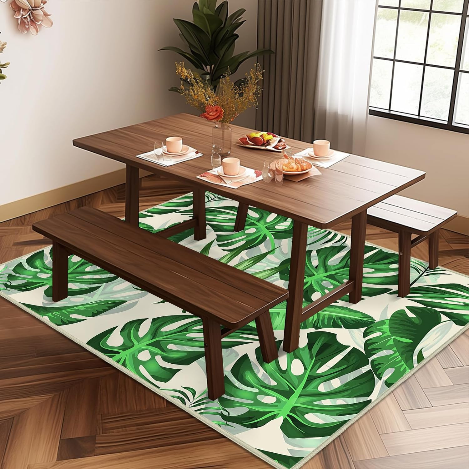 Sage Green Botanical Print Rug 5×7 – Washable Non-Slip Area Carpet
