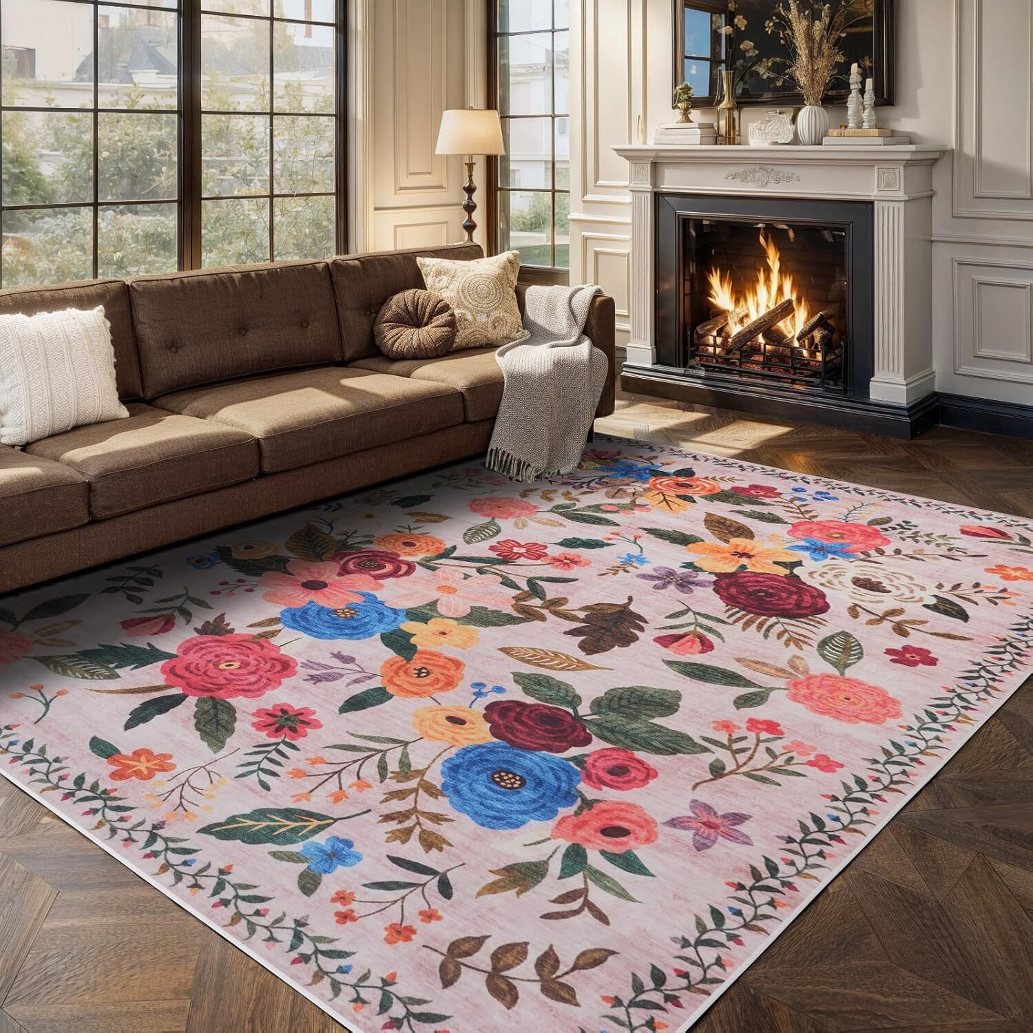 4×6 Washable Boho Floral Area Rug Non Slip Low Pile Green Carpet for Bedroom