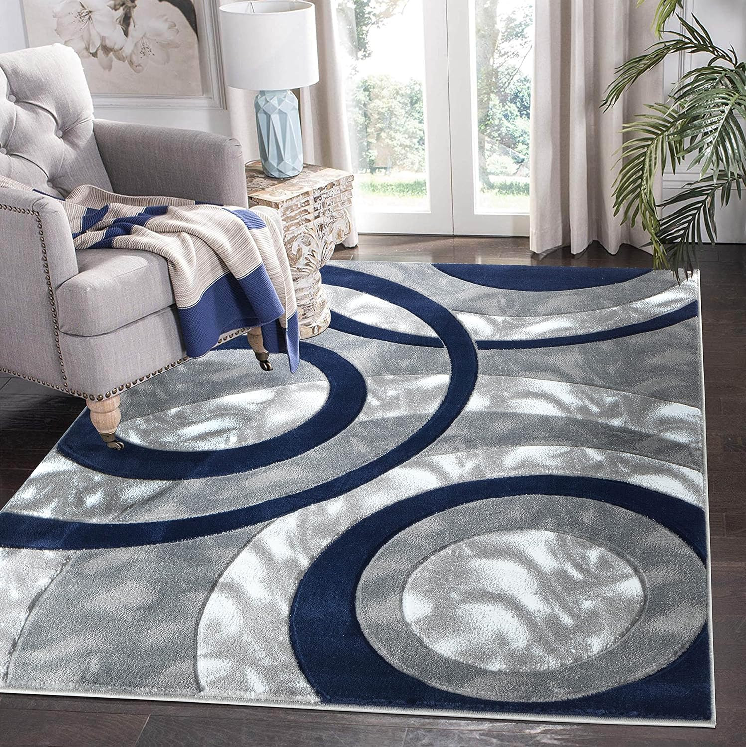 Area Rug Modern 4X6 Navy Circles Geometry Soft Hand Carved Contemporary Floor Ca