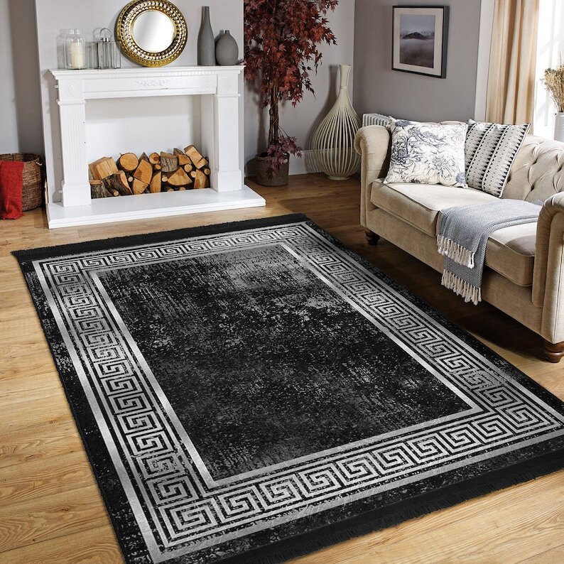 Luxury Black Rug, Living Room Decoration Washable Rug, Bedroom Non Slip Carpet,