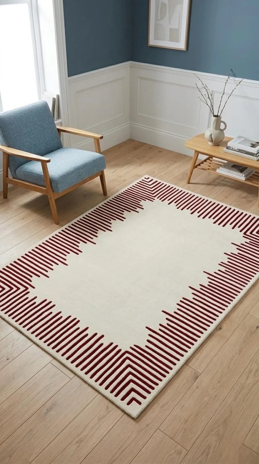 Hand Tufted Wool Rug – Minimalist Red Linear Border Cream Design Carpet Area Rug
