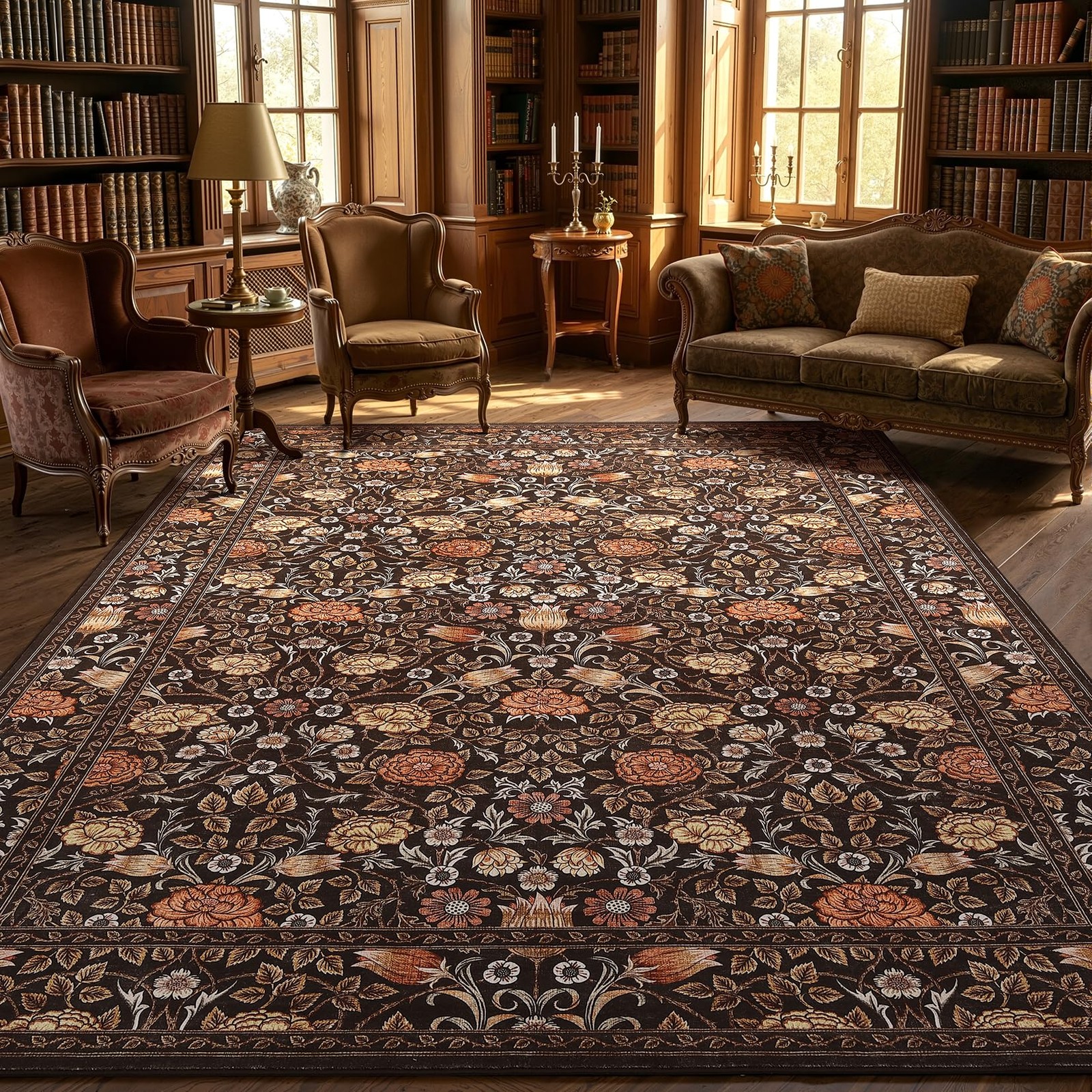 Brown Vintage Floral Washable Rugs 5×7 for Living Room Black Boho Botanical R…