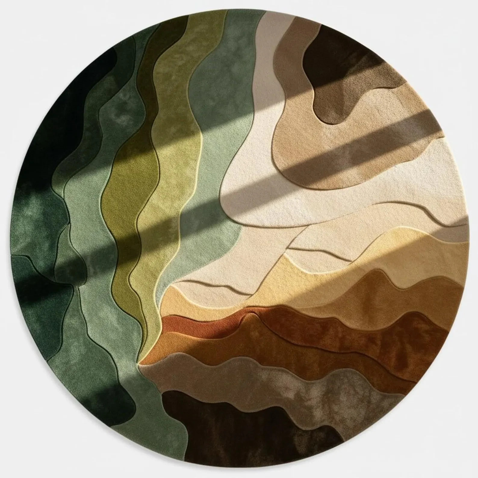 Round Green Moss Rug, Tufted Wool Earth Tone Carpet, Abstract Topographic Circle