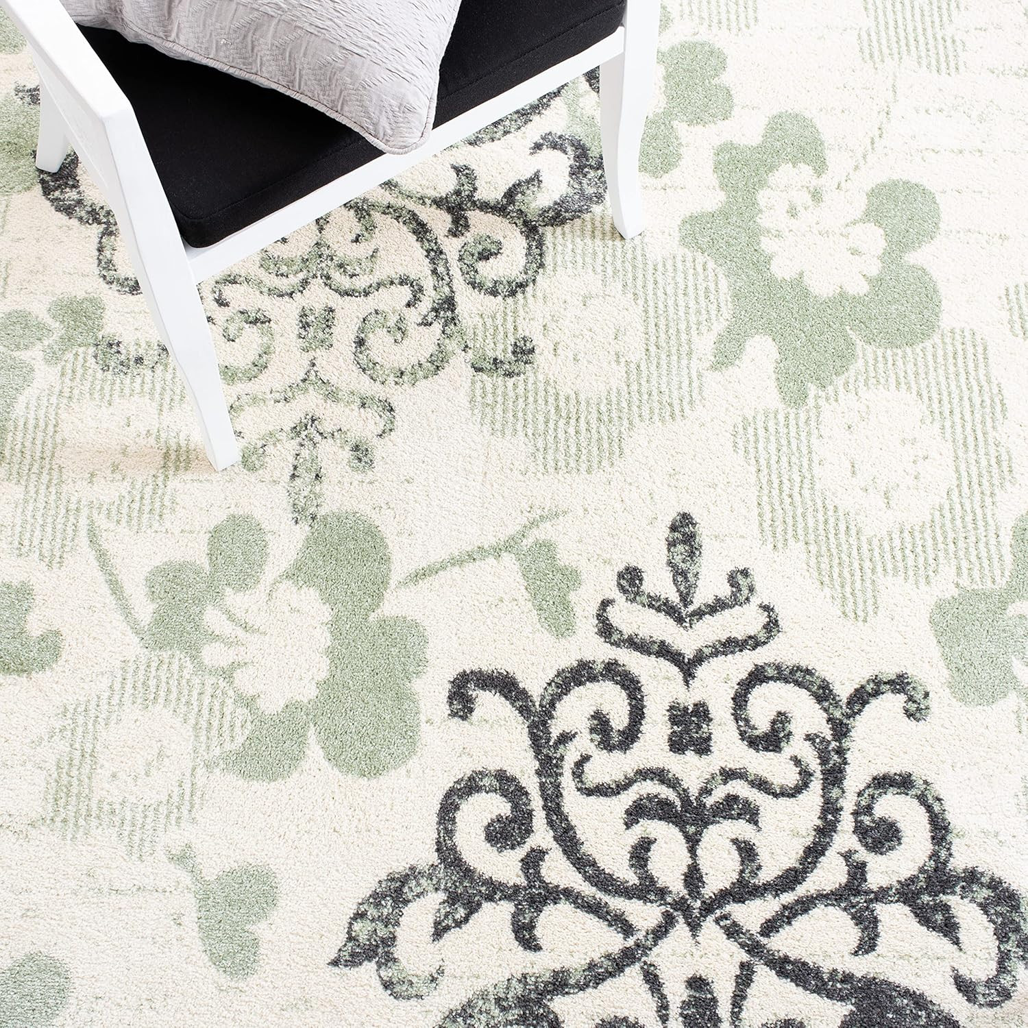 Ivory & Green Floral Damask Area Rug 9′ x 12′ – Non-Shedding, Easy Care