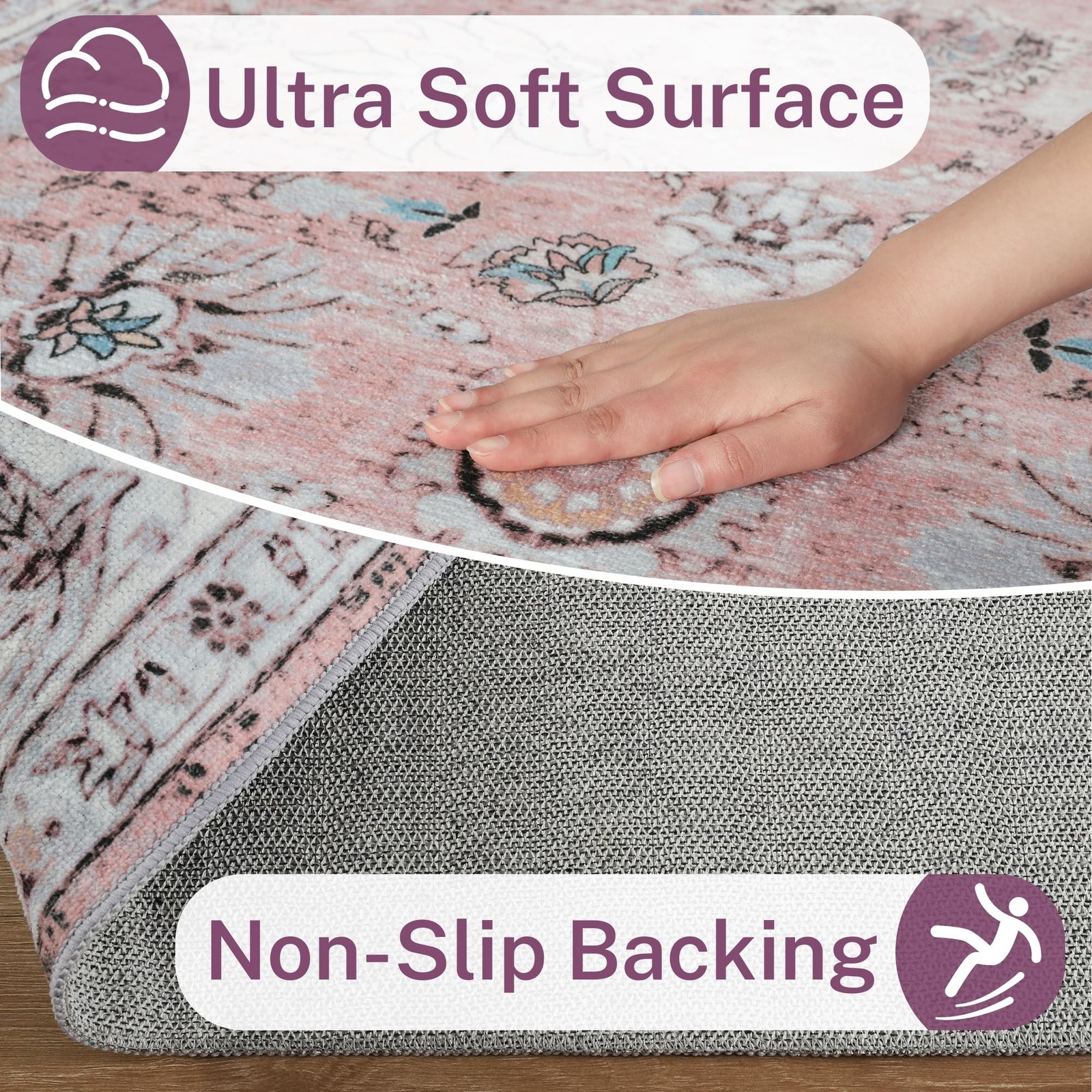 ULTSOFE 6×9 Pink Living Room Rug Chenille Floral Vintage Area Rug Low-Pile