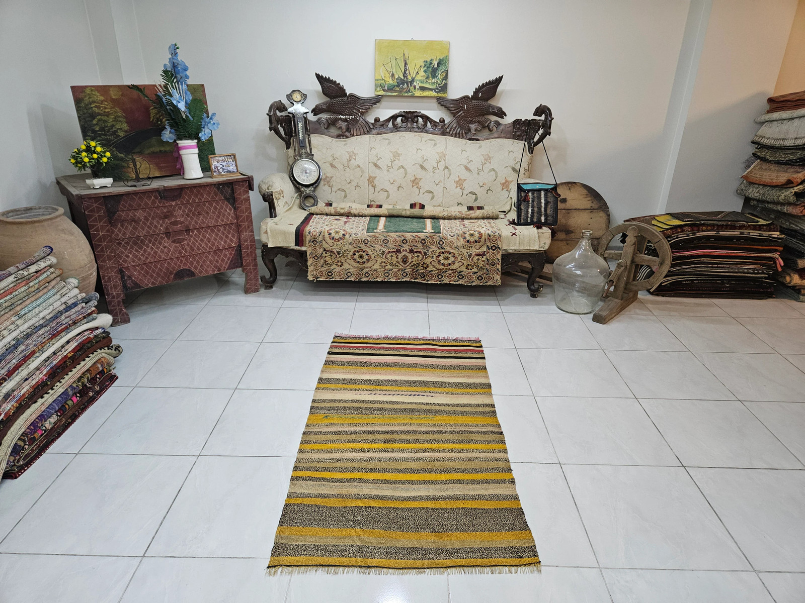 Striped Yellow Kilim Rug, Small Vintage Handmade Rug (2.6 x 4.8 ft)