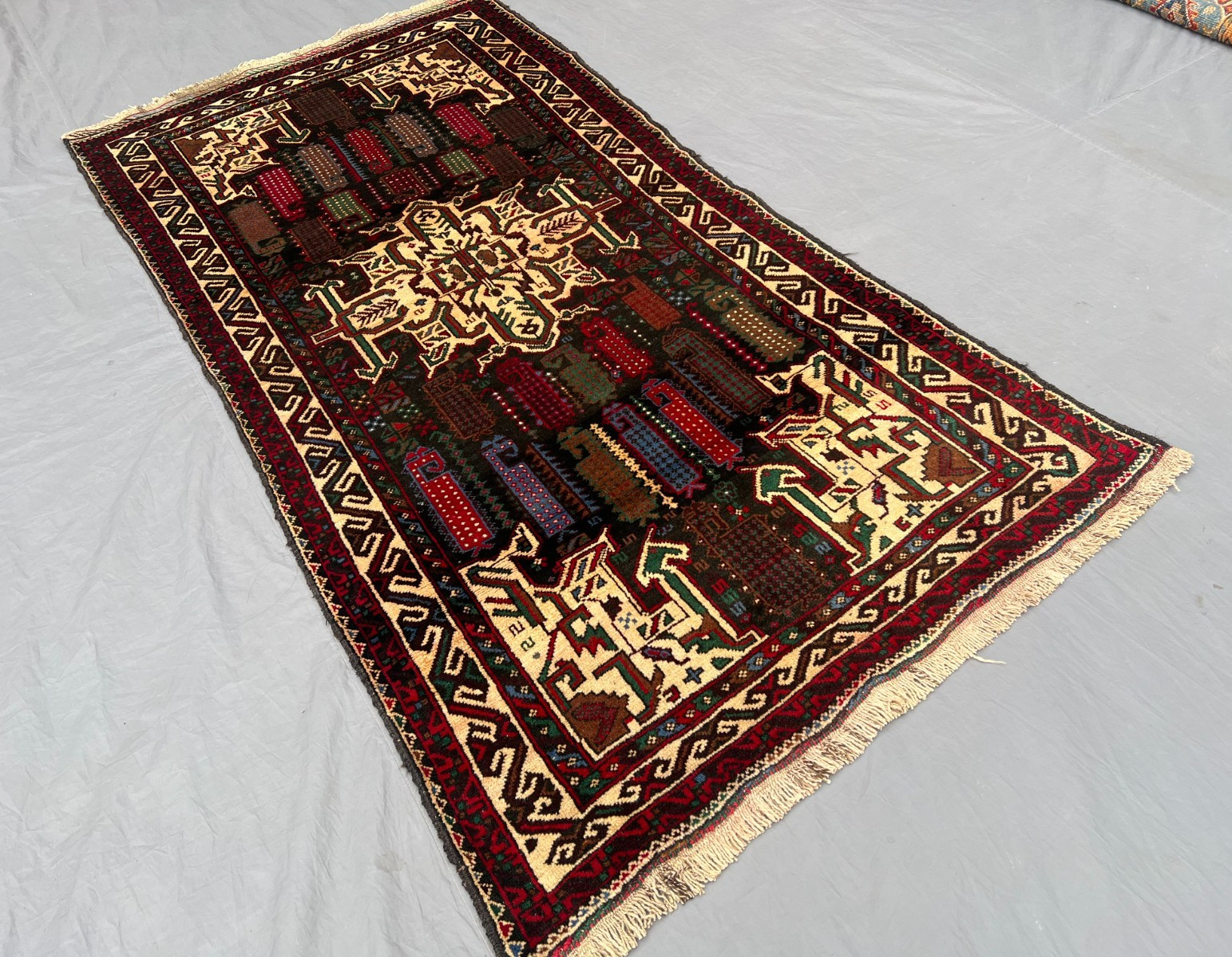 3’2 x 6’4 Ft Vintage Afghan Baluchi Rug– Bold Pictorial Tribal Panel Design Wool