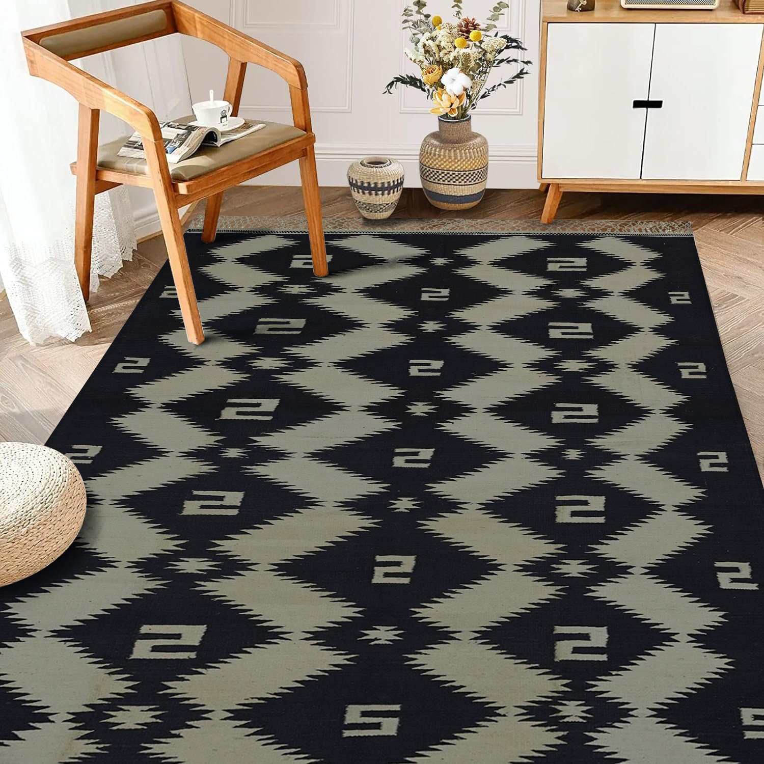 Black and Gray Punjabi Area Rug 3.6 x 6.6 ft Indian Dhurrie Reversible Rug