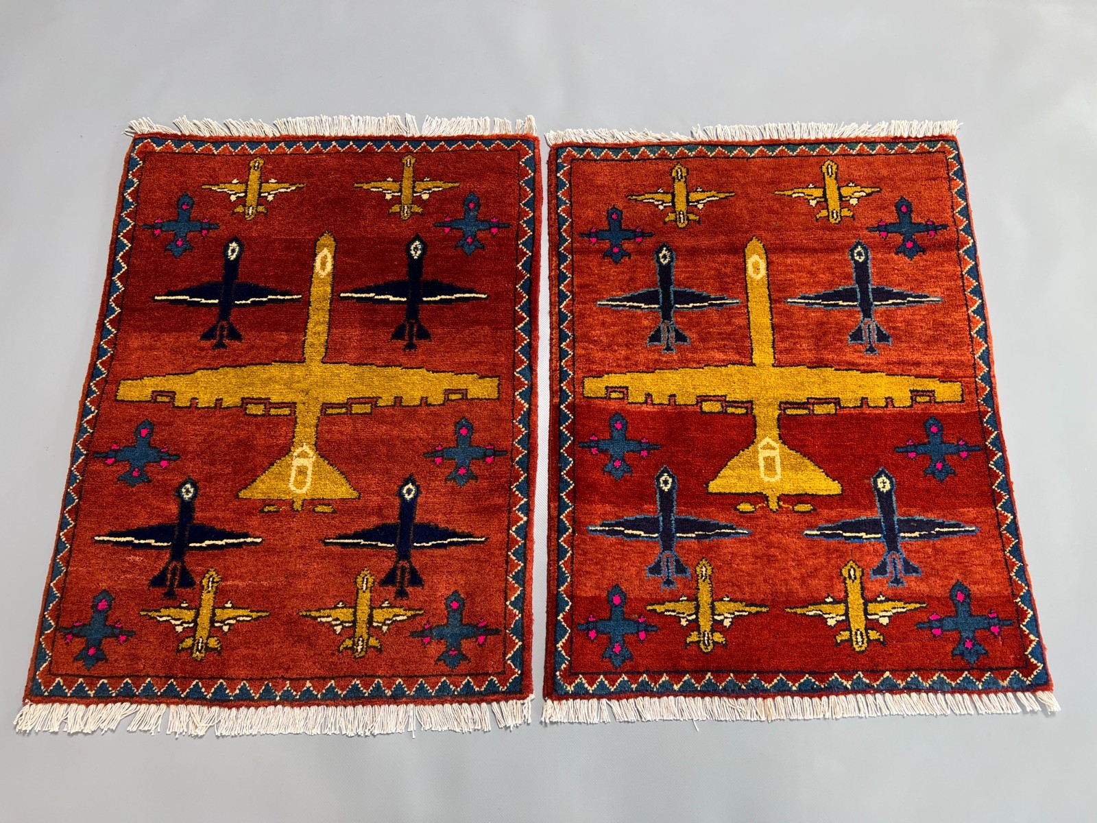 Afghan War Rug Handmade Wool Rust Airplane Military Tribal Carpet
