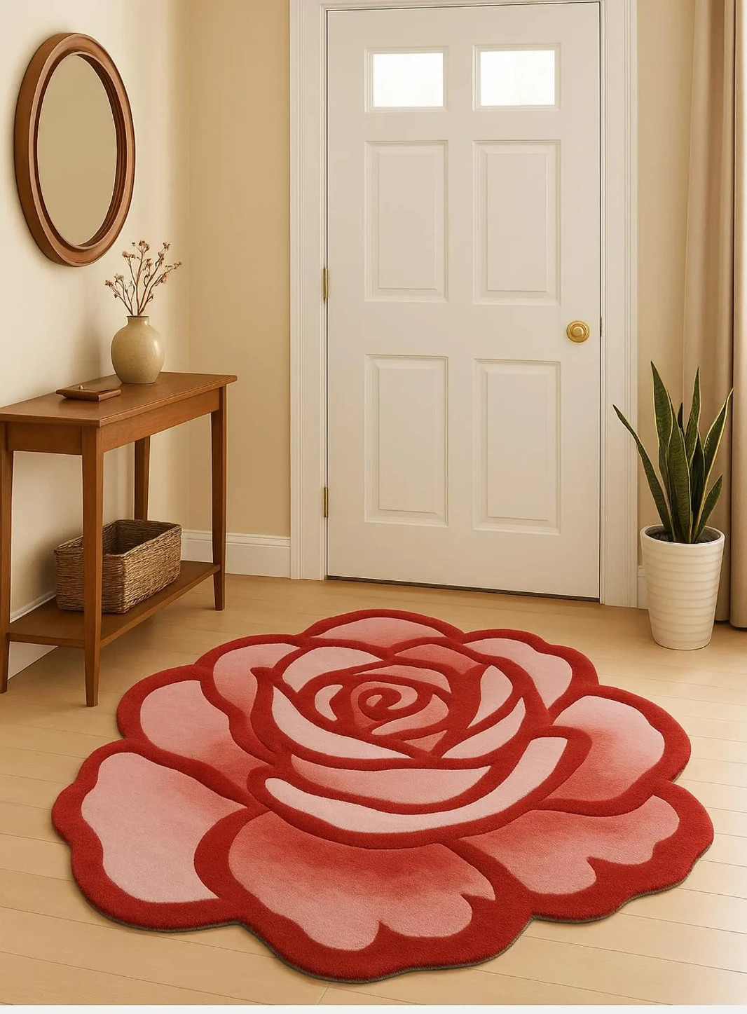 Red Rose Hand-Tufted Rug – Irregular Shape Floral Carpet for Living Room Bedroom
