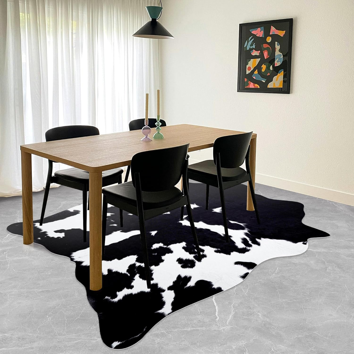 Black Cowhide Rug 5.2×6.2 Ft Western Style for Living Room & Bedroom Decor