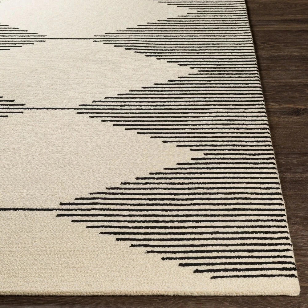Ivory Black Diamond Hand Tufted Area Rug 8×10 Modern Geometric Striped Soft