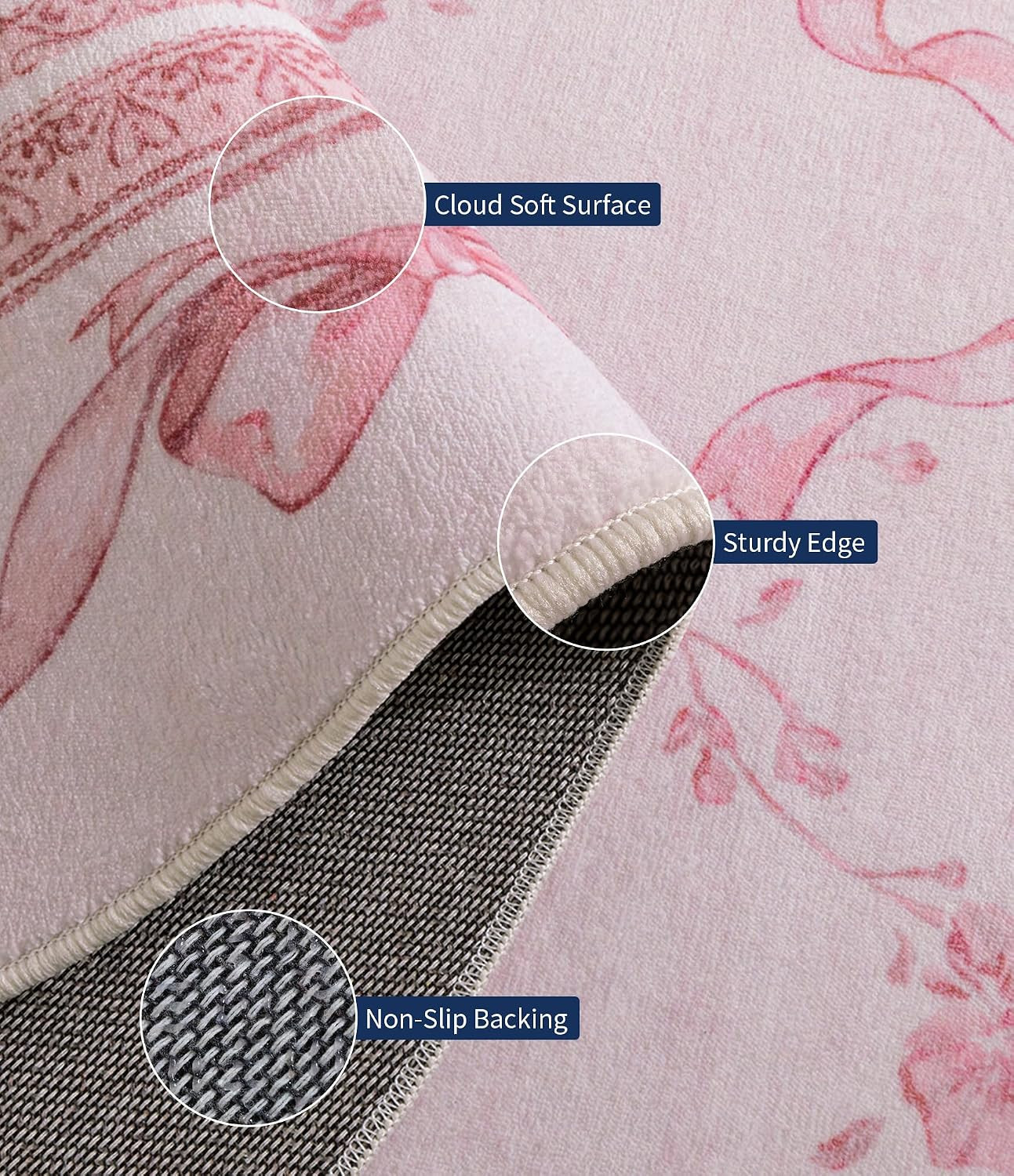 Pink Bow Entryway Rug for Girls: 3X5 Washable Floral Scalloped Rugs | Non-Slip L