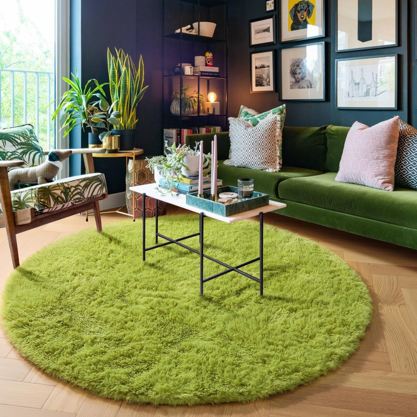 Grass Green Round Rug for Bedroom,Fluffy Circle Rug 5’X5′ for Kids Room,Furry…