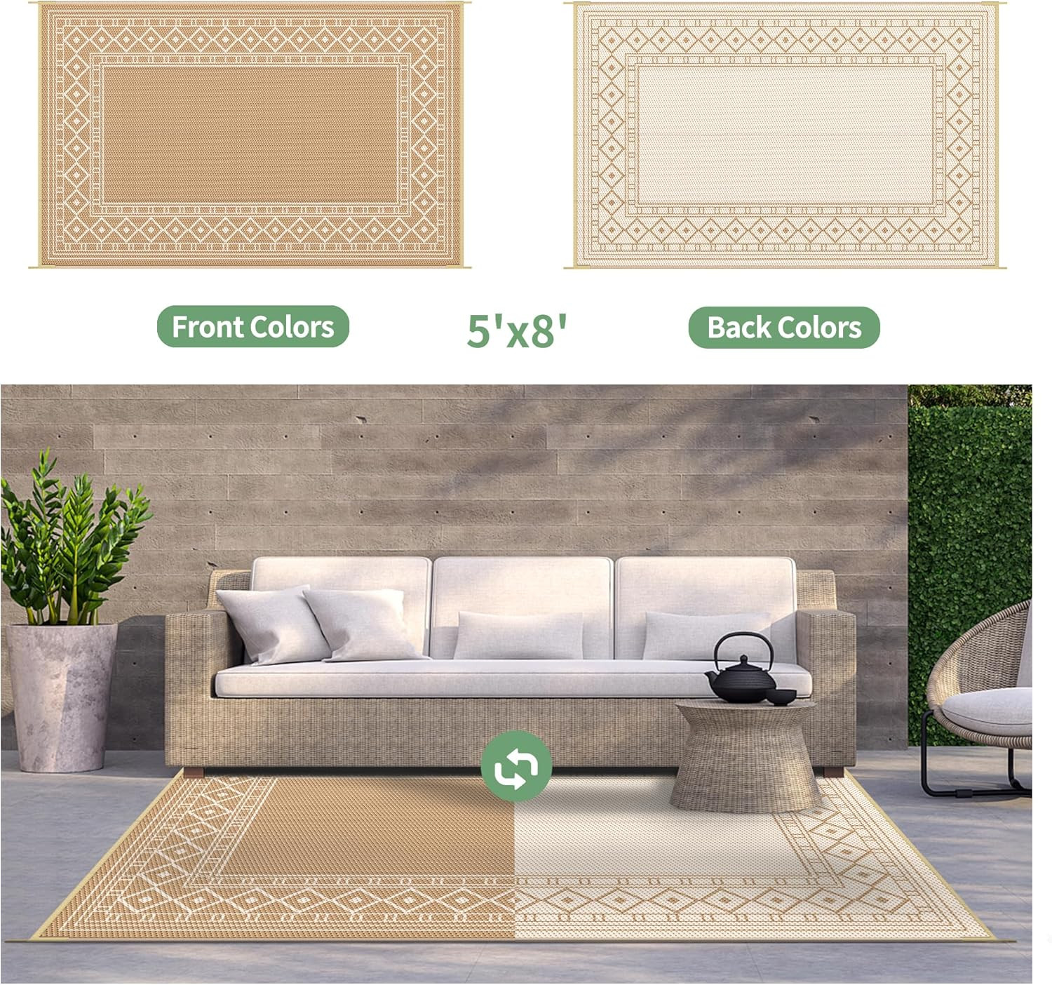 Outdoor Rug 5’X8′ Waterproof for Patio Decor, Reversible Outdoor Plastic Straw R